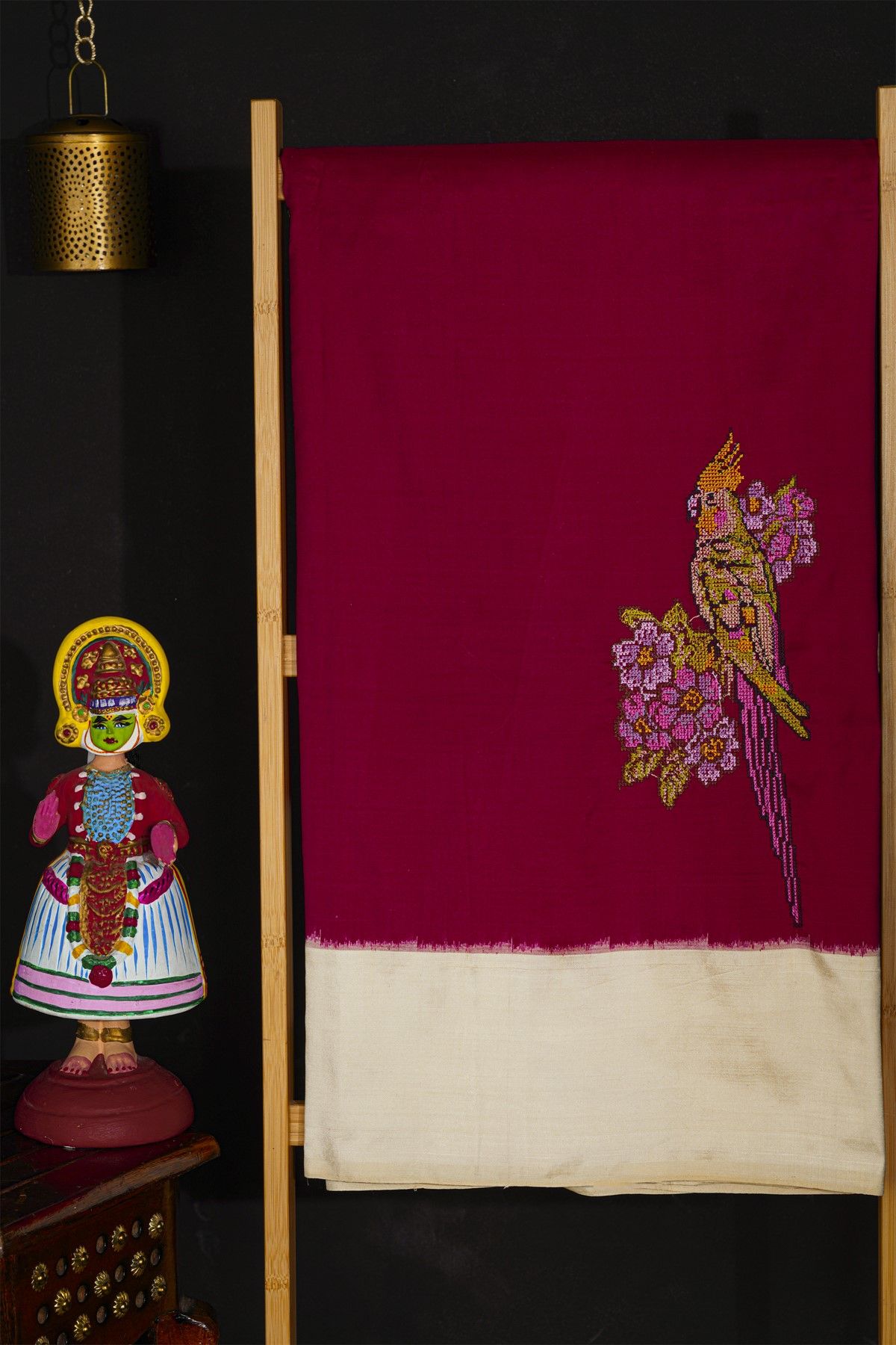 Fusion Silk Burgundy Saree With Florals And Parrots In Thread Work Body