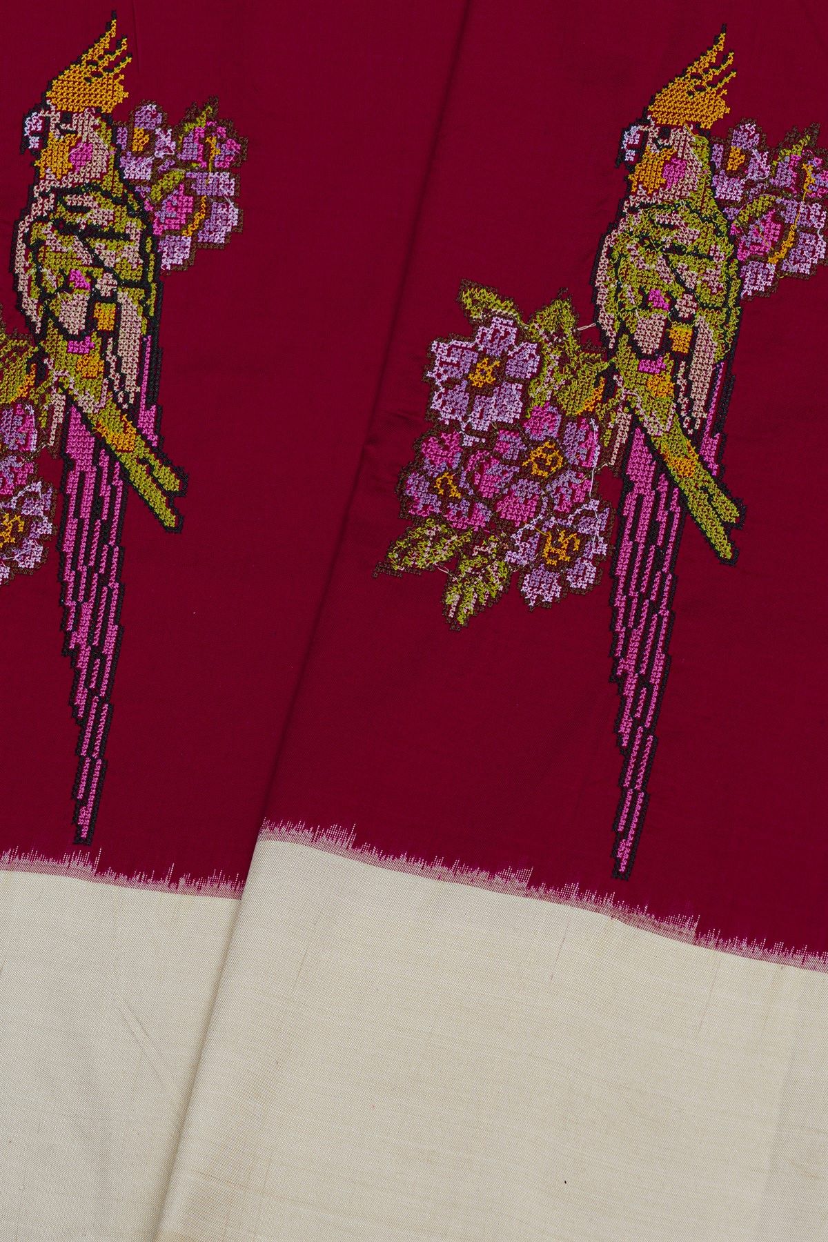 Fusion Silk Burgundy Saree With Florals And Parrots In Thread Work Body