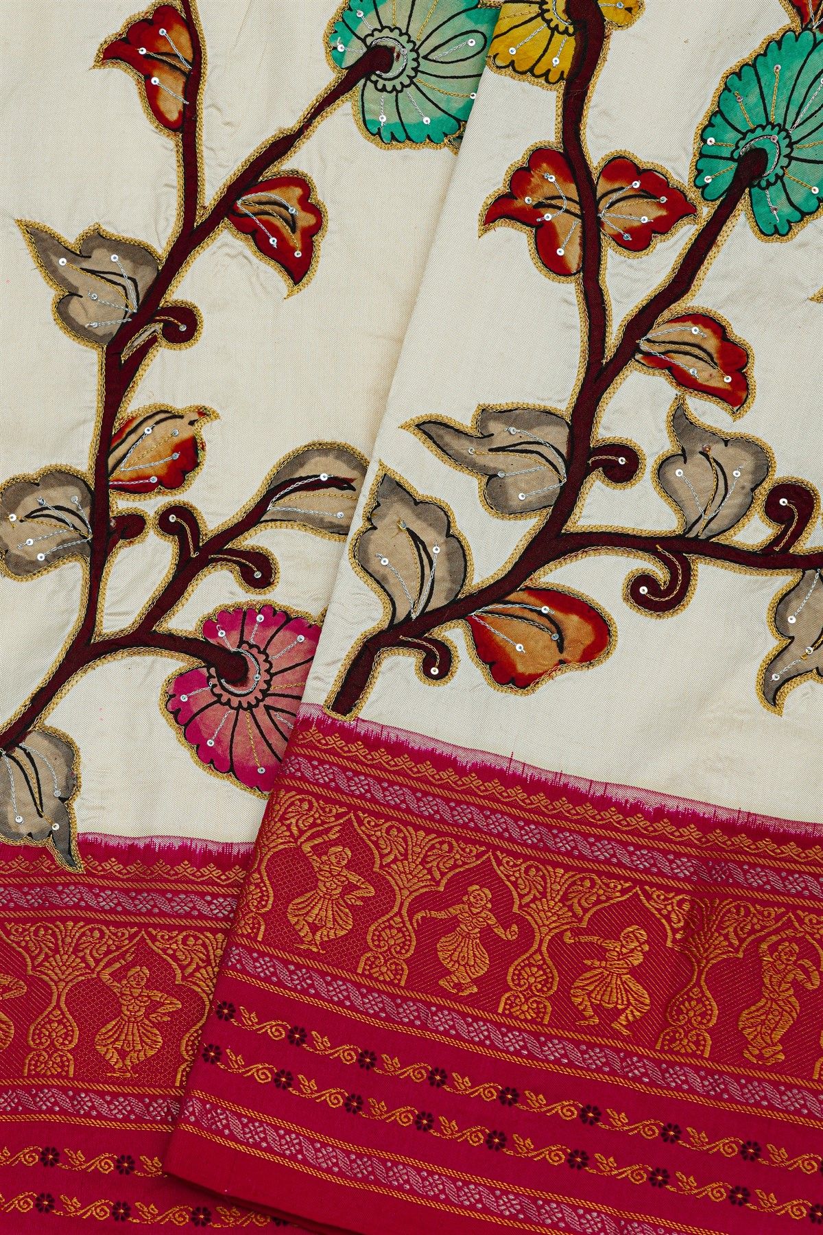 Fusion Silk Off White Saree With Kalamkari Patch Work Body