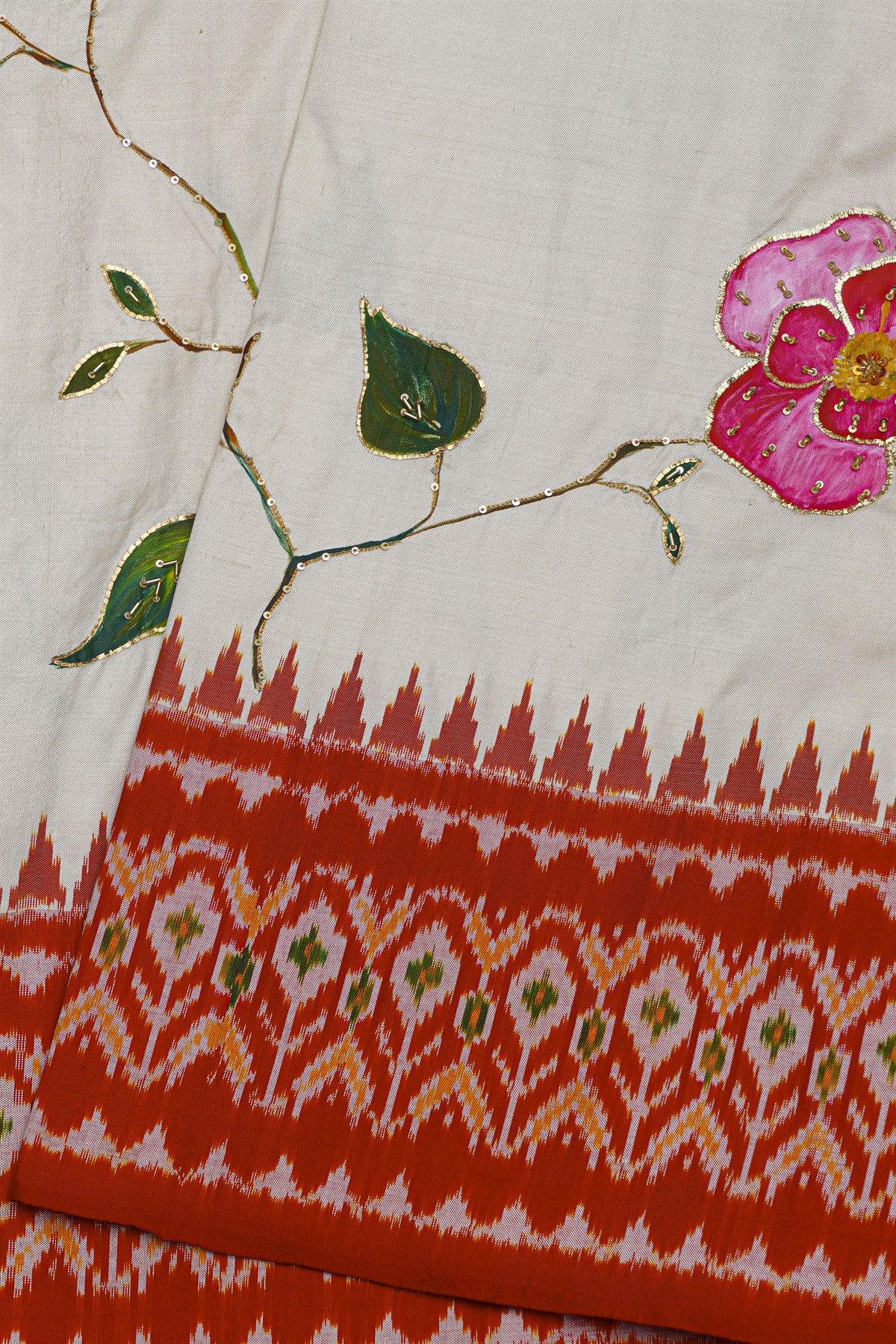 Fusion Ikat Silk Off White Saree With Floral And Leaf Patchwork Body