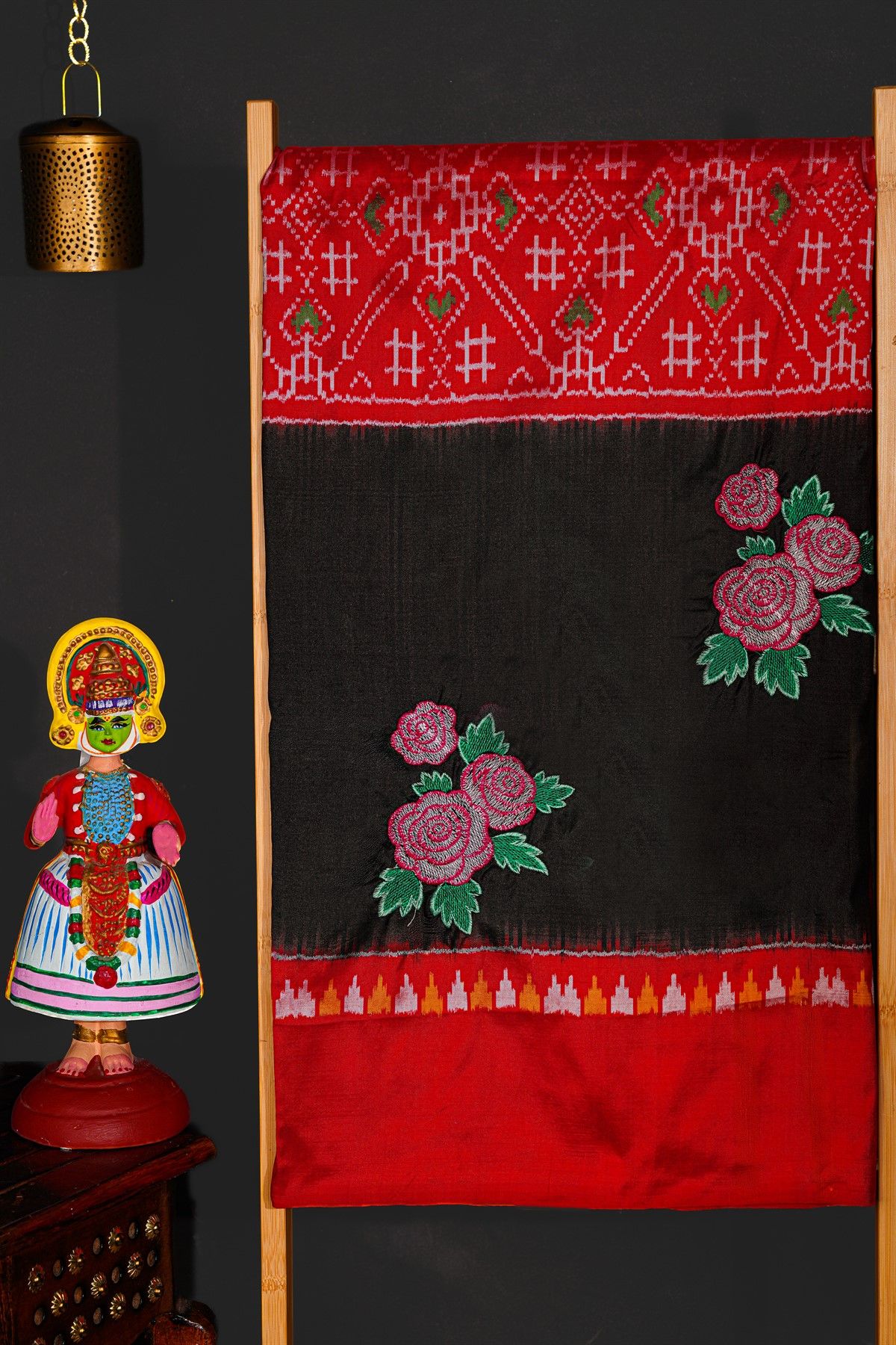 Fusion Silk Black Saree With Floral And Leaf Patchwork Body