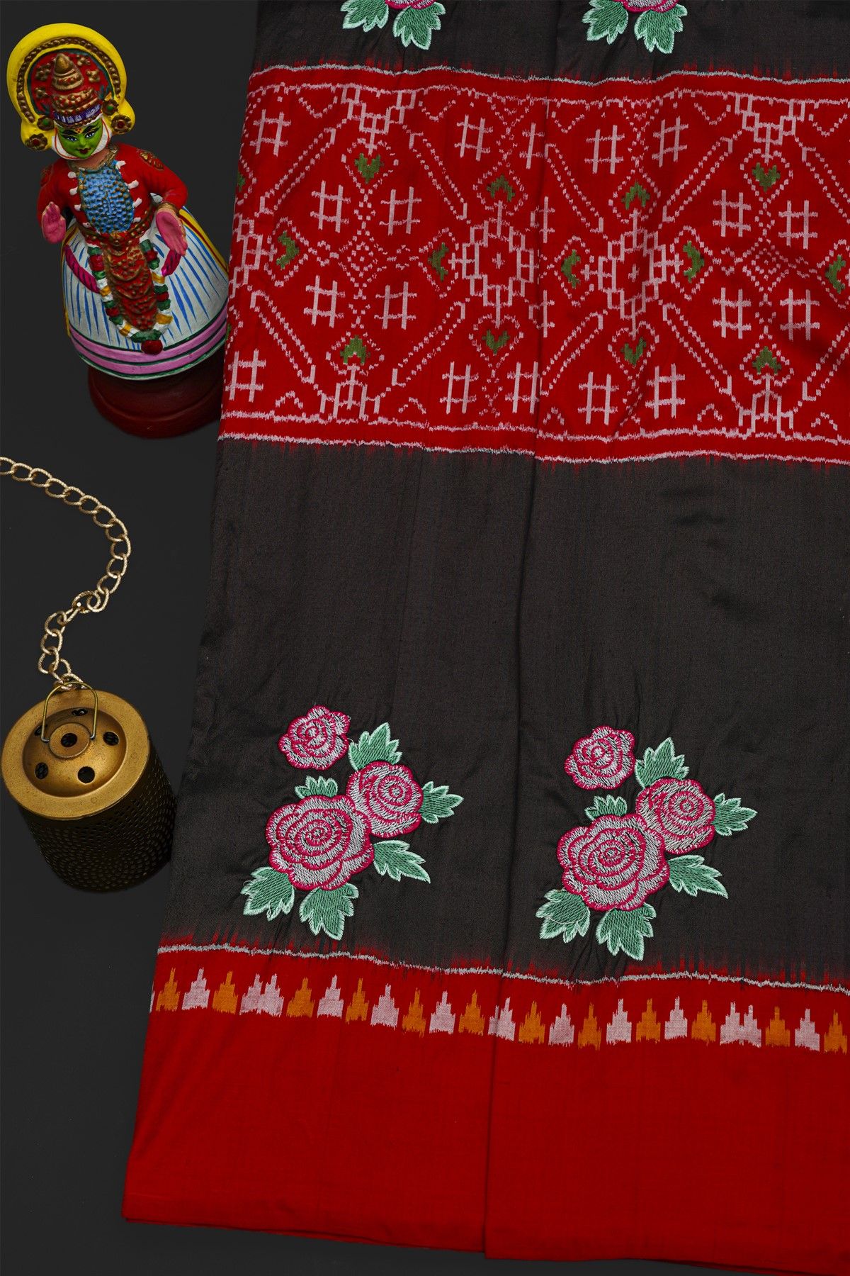 Fusion Silk Black Saree With Floral And Leaf Patchwork Body