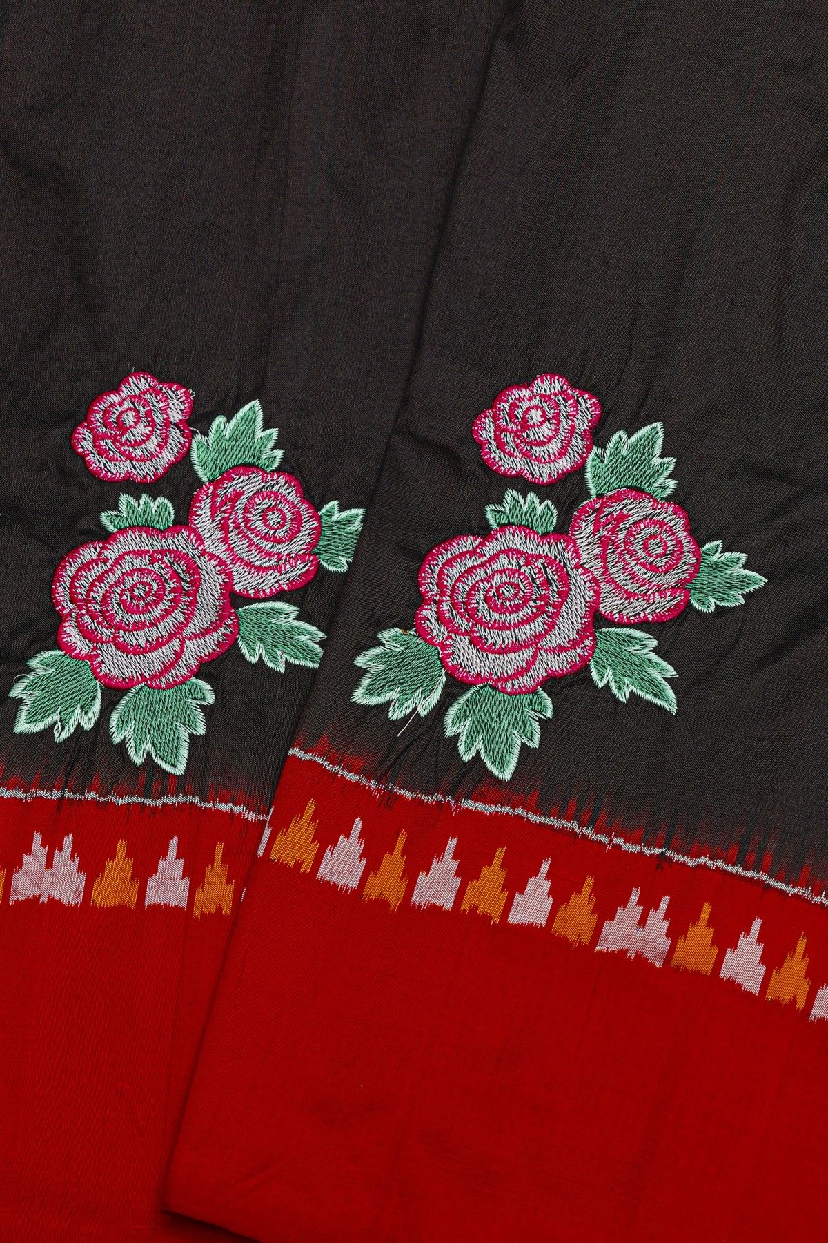 Fusion Silk Black Saree With Floral And Leaf Patchwork Body