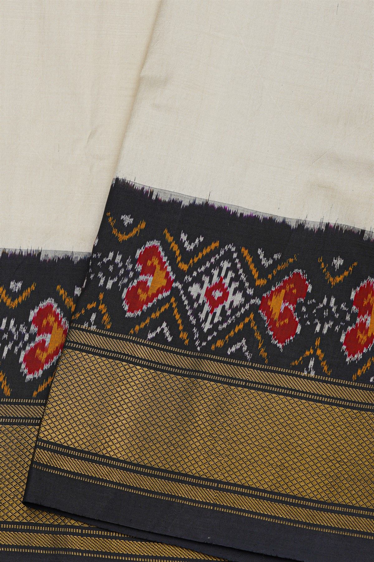 Fusion Silk Off-White Saree With Diamonds And Florals Ikkat Border