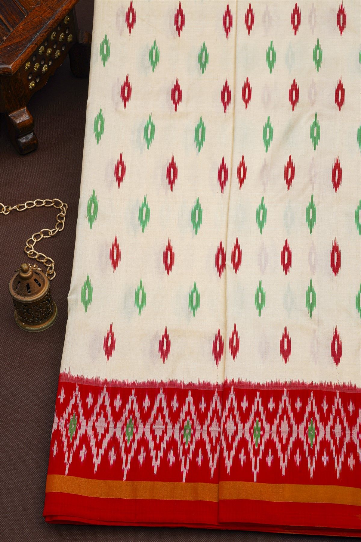 Pochampally Ikat Silk Off White Saree With Floral Buttis Body