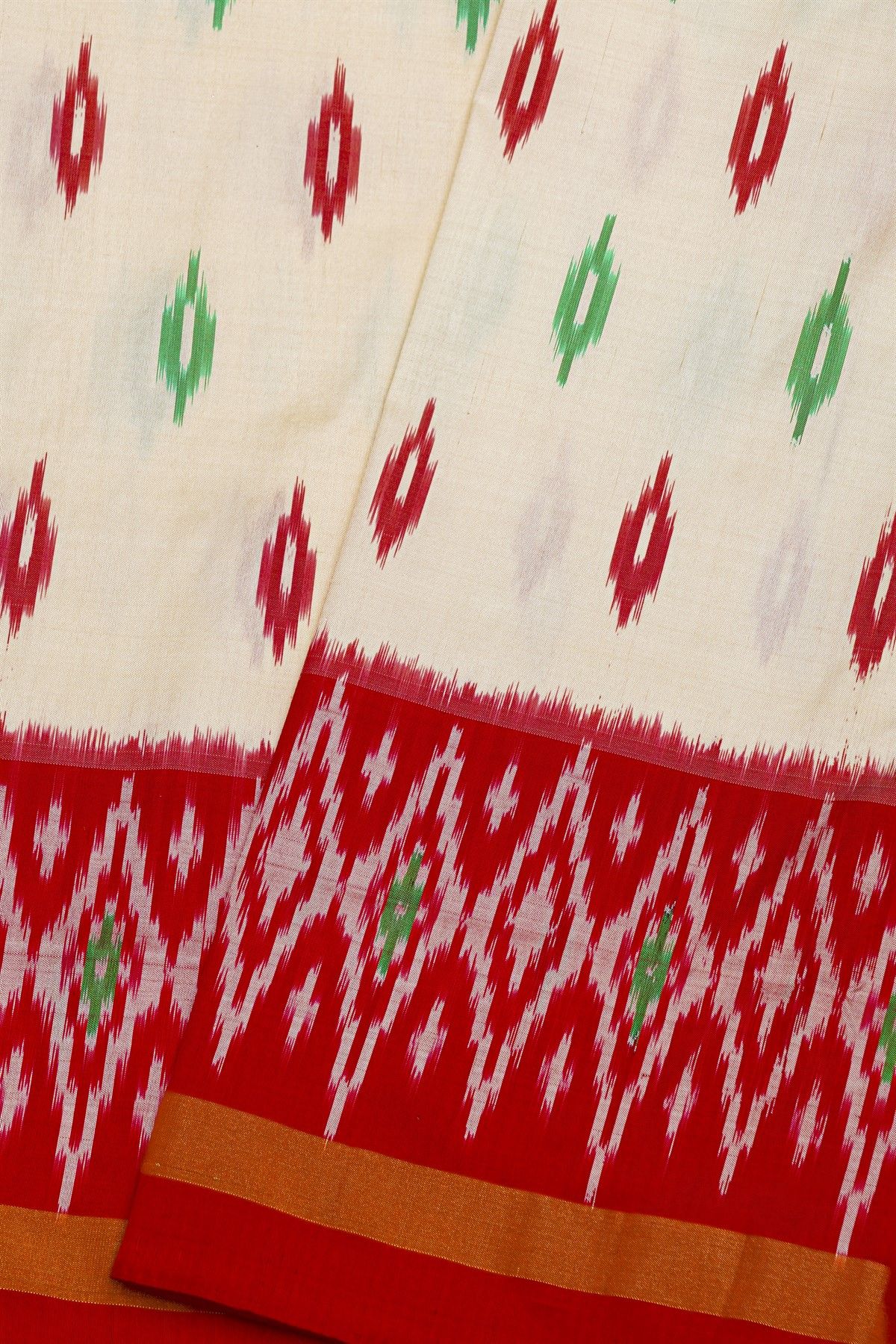 Pochampally Ikat Silk Off White Saree With Floral Buttis Body