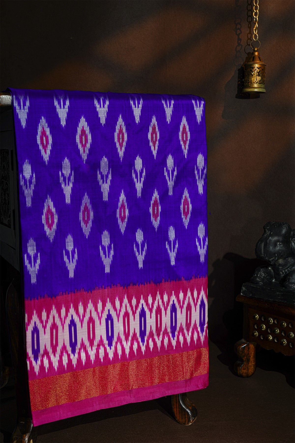 Pochampally Ikat Silk Royal Blue Saree With Diamond Border