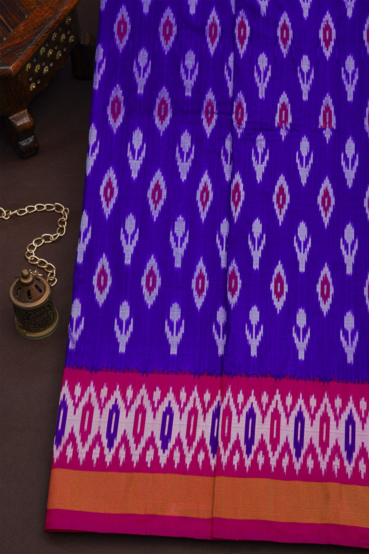 Pochampally Ikat Silk Royal Blue Saree With Diamond Border