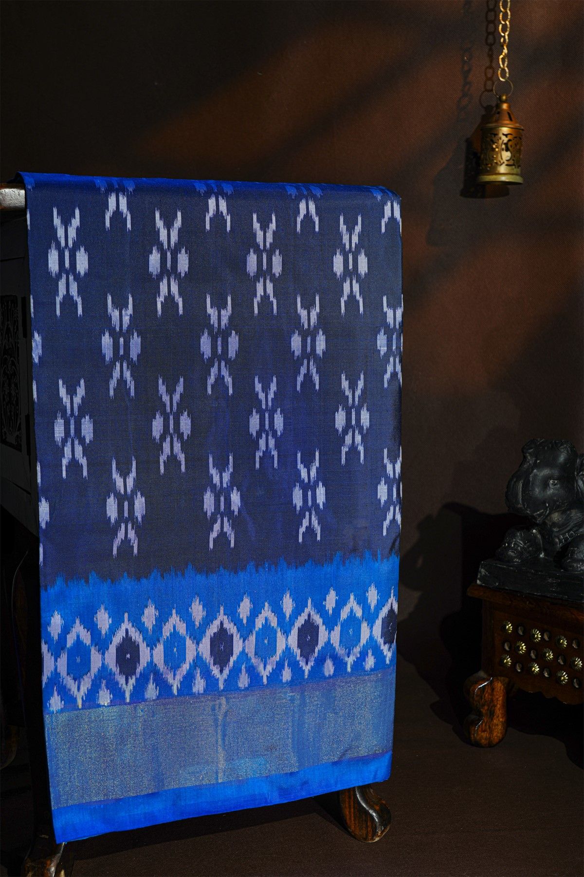 Pochampally Ikat Silk Navy Blue Saree With Floral Buttis Body