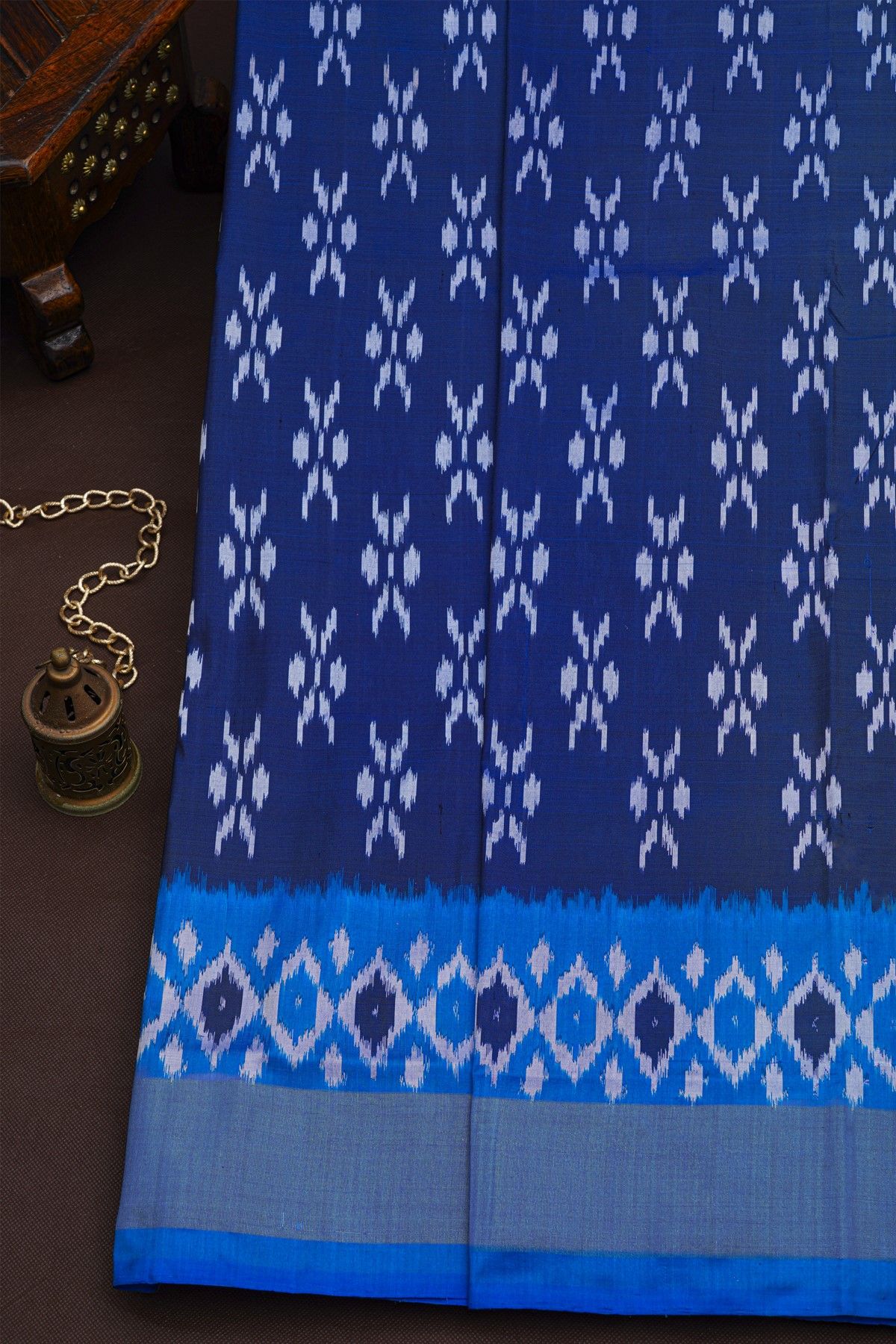 Pochampally Ikat Silk Navy Blue Saree With Floral Buttis Body