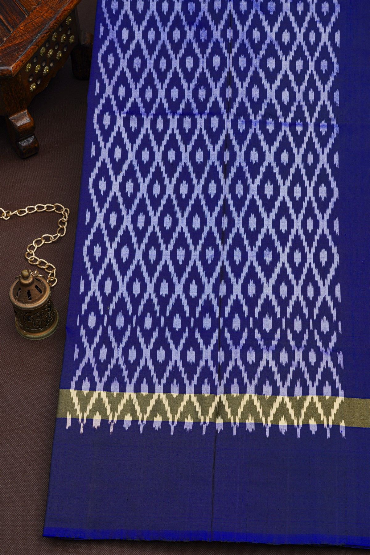 Pochampally Ikat Silk Sea Blue Saree With White Chevron Motifs And Zari Border