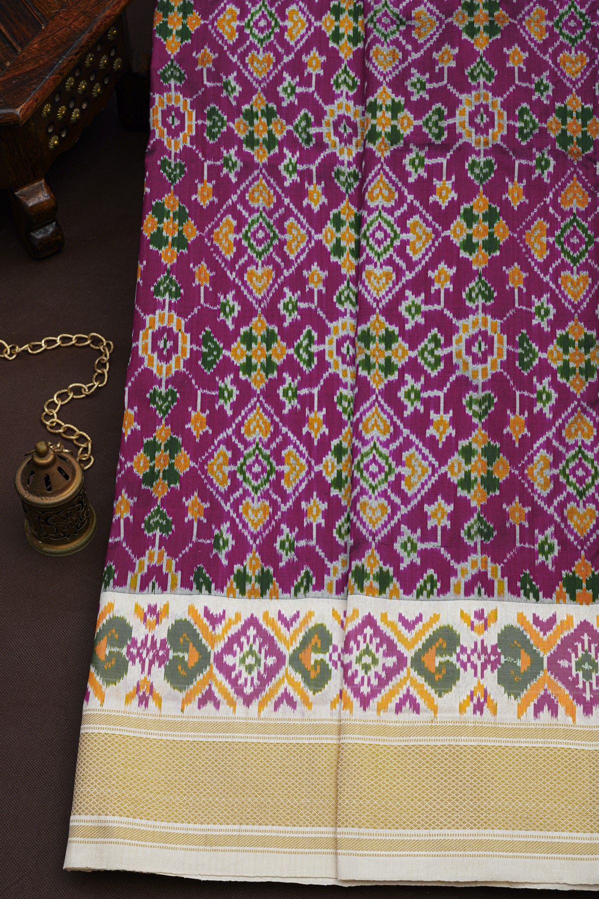 Pochampally Ikat Silk Purple Saree With Florals And Leaves Body