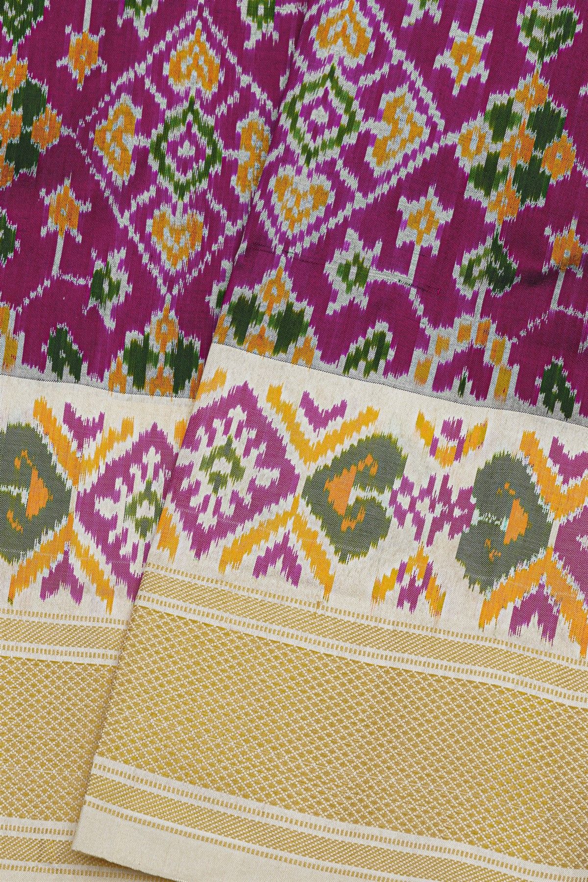 Pochampally Ikat Silk Purple Saree With Florals And Leaves Body