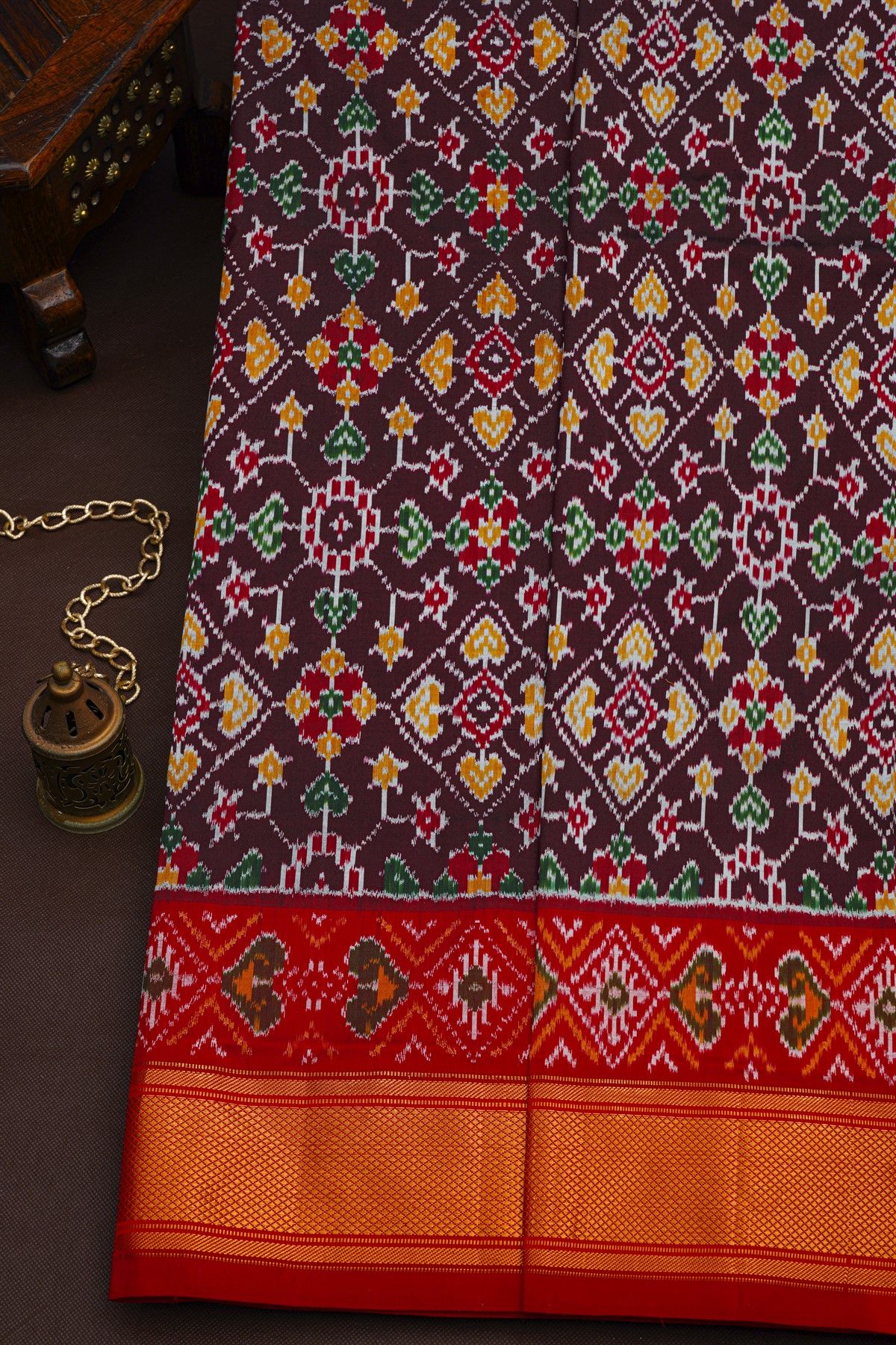 Pochampally Ikat Silk Wine Saree With Florals And Diamonds Border