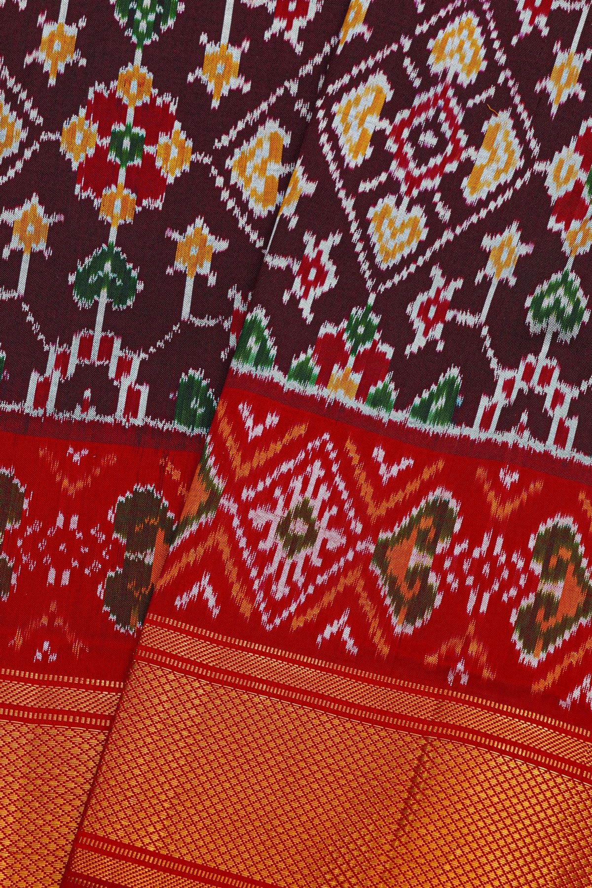 Pochampally Ikat Silk Wine Saree With Florals And Diamonds Border