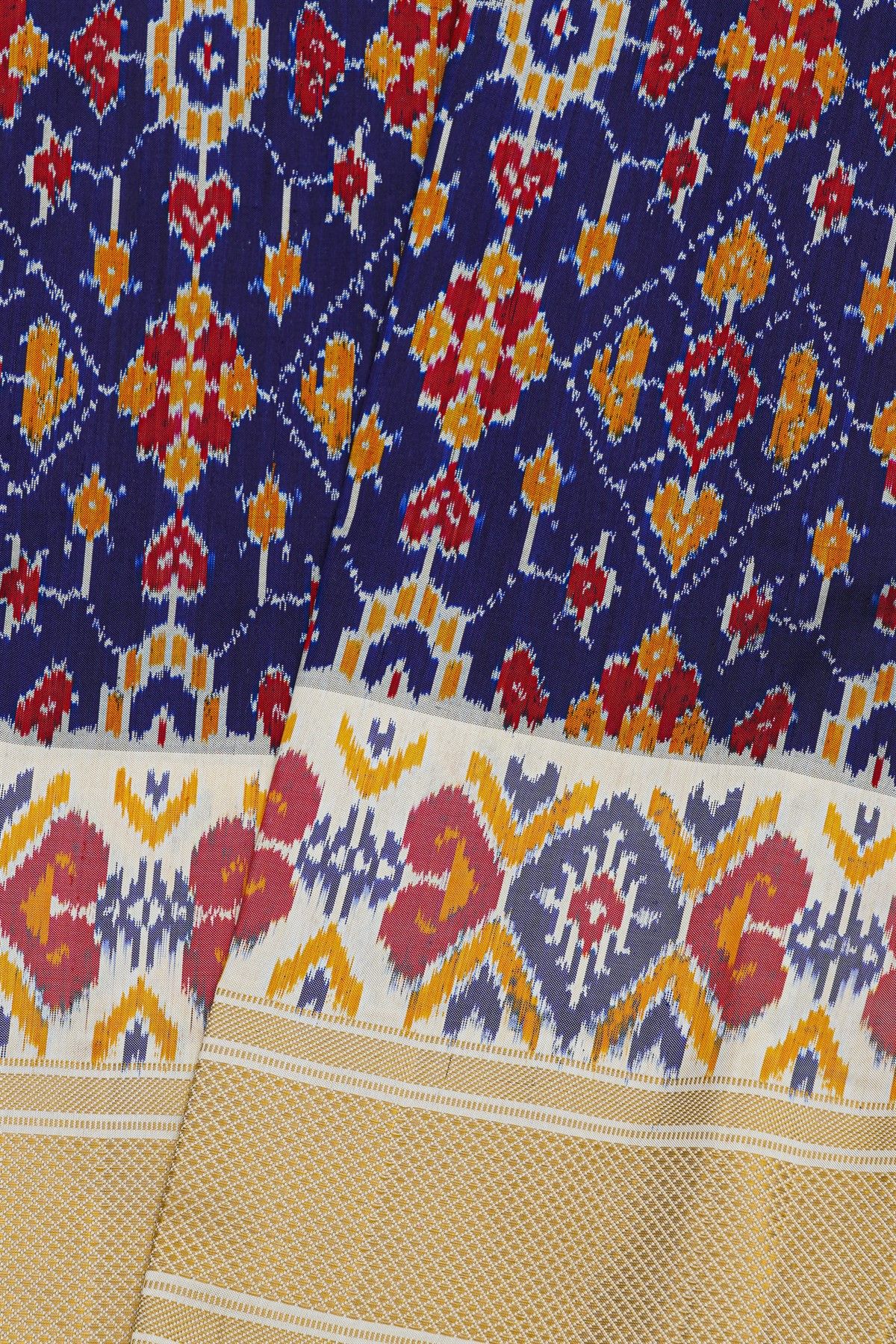 Pochampally Ikat Silk Navy Blue Saree With Florals And Leaves Body