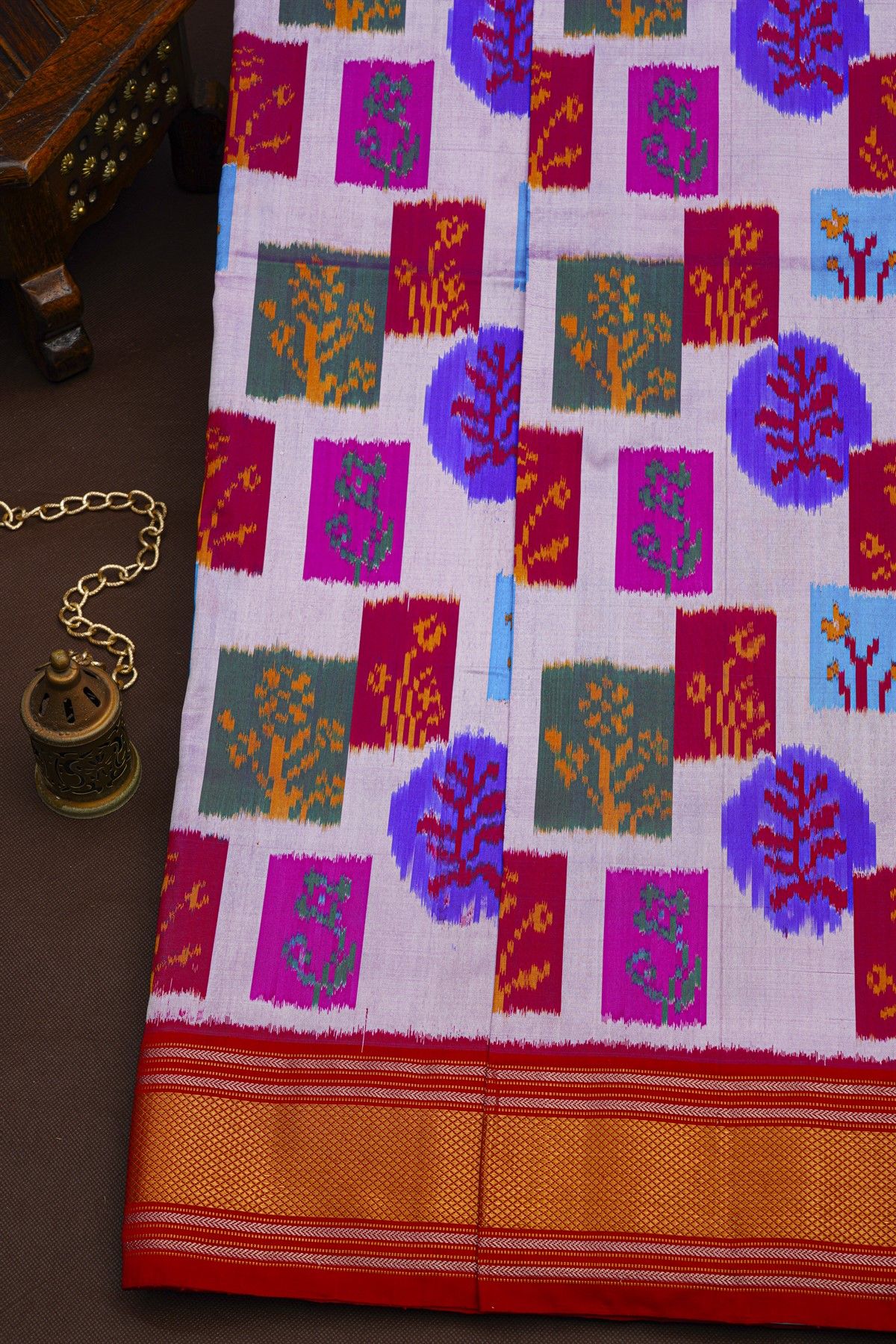Pochampally Ikat Silk Multi Colour Saree With Geometric Floral Motifs And Zari Border