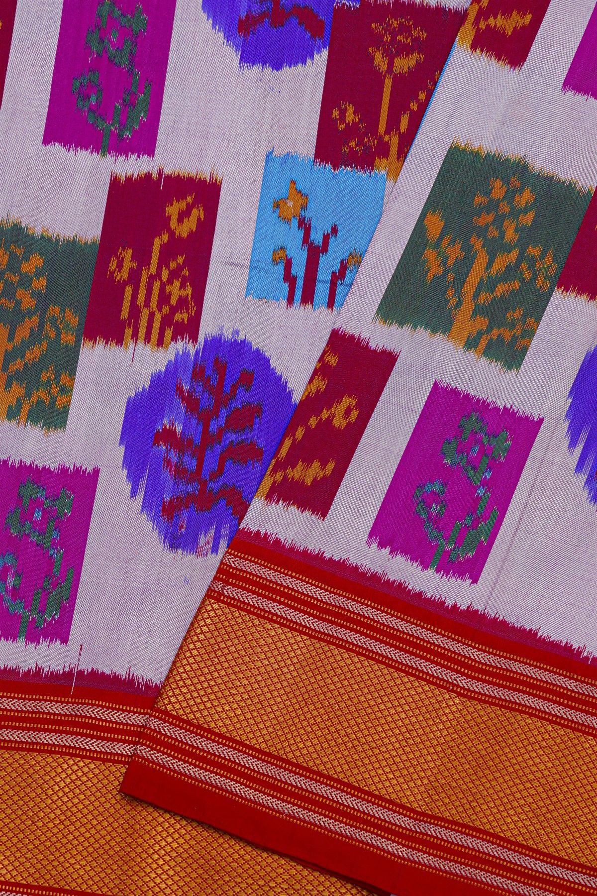 Pochampally Ikat Silk Multi Colour Saree With Geometric Floral Motifs And Zari Border