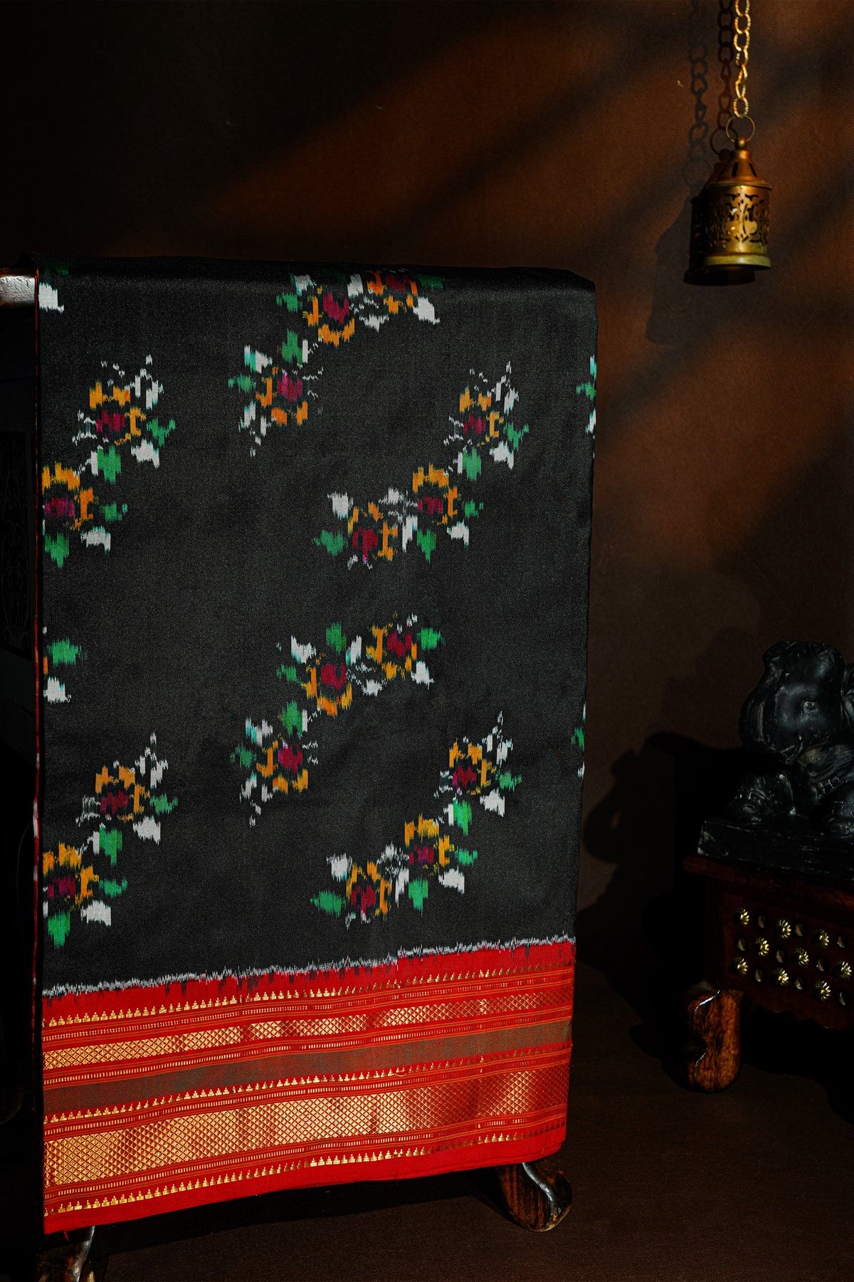 Pochampally Ikat Silk Black Saree With Florals And Leaves Body