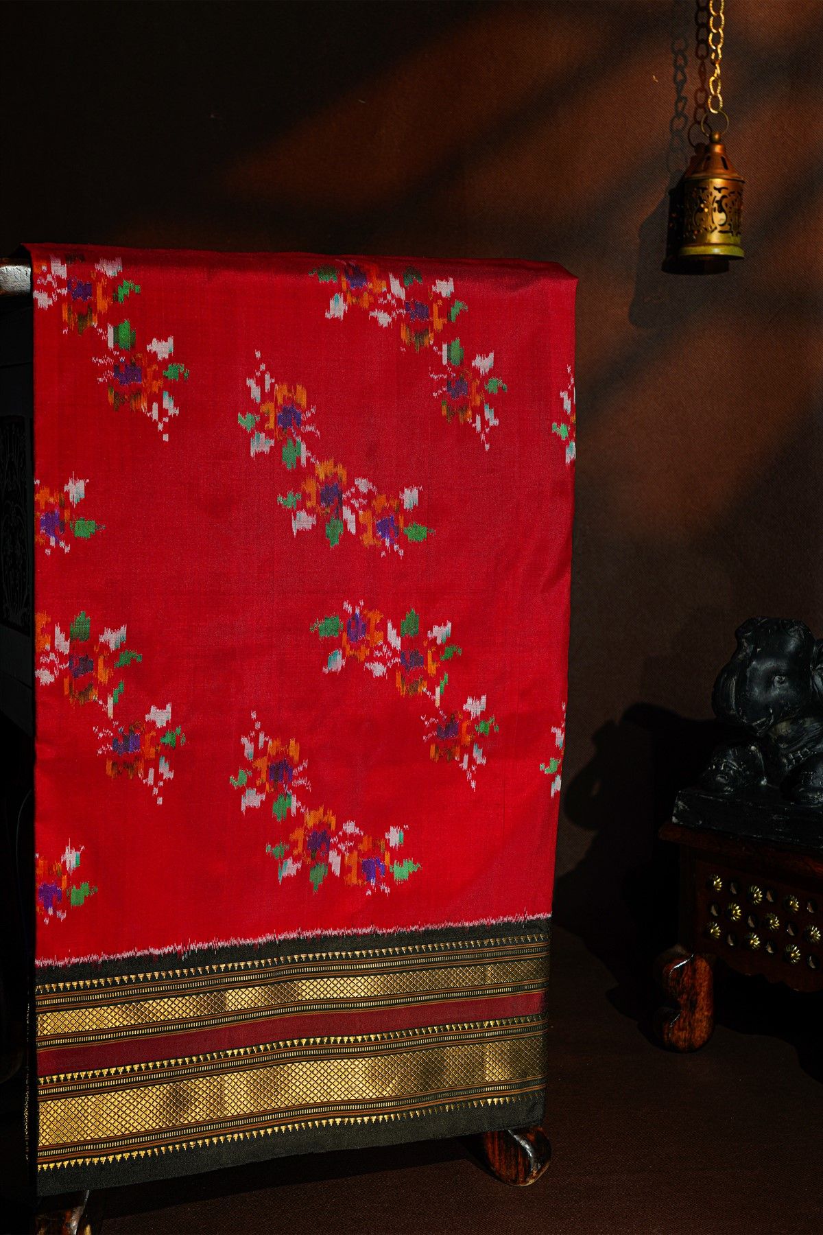 Pochampally Ikat Silk Red Saree With Florals And Leaves Body