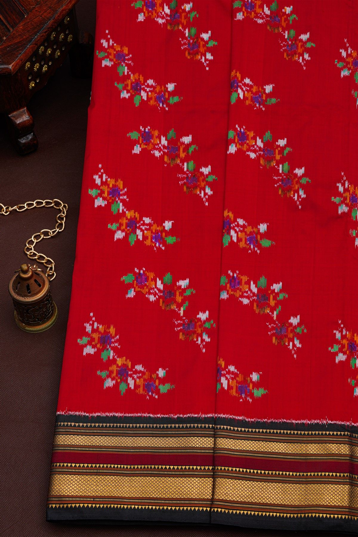 Pochampally Ikat Silk Red Saree With Florals And Leaves Body