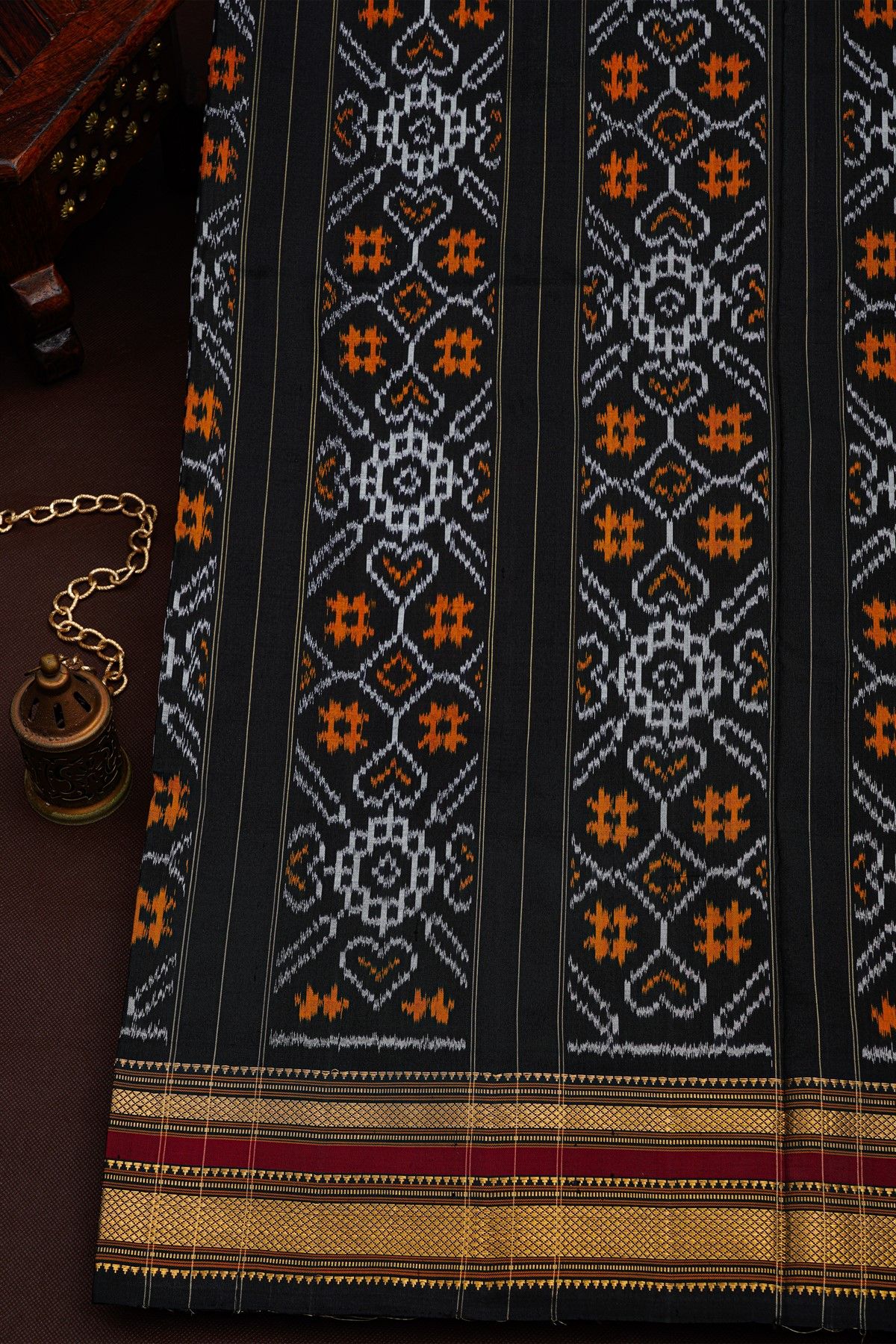Pochampally Ikat Silk Red Saree With Florals And Leaves Body