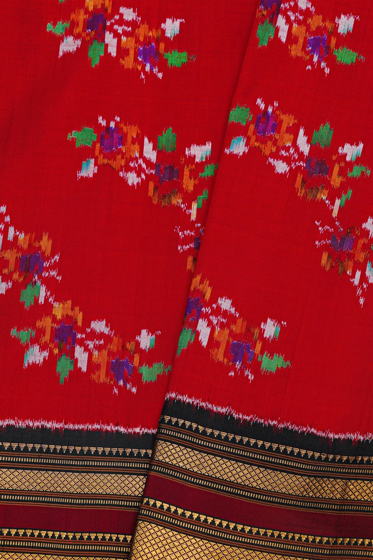 Pochampally Ikat Silk Red Saree With Florals And Leaves Body