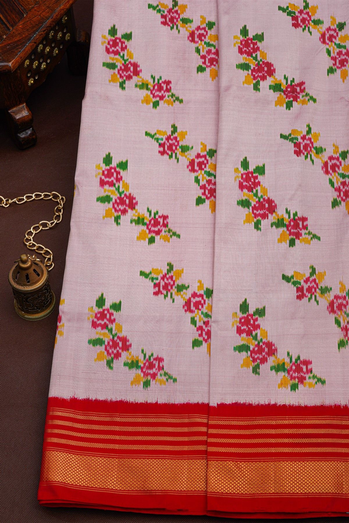 Ikat Silk Baby Pink Saree With Floral And Leaves Body