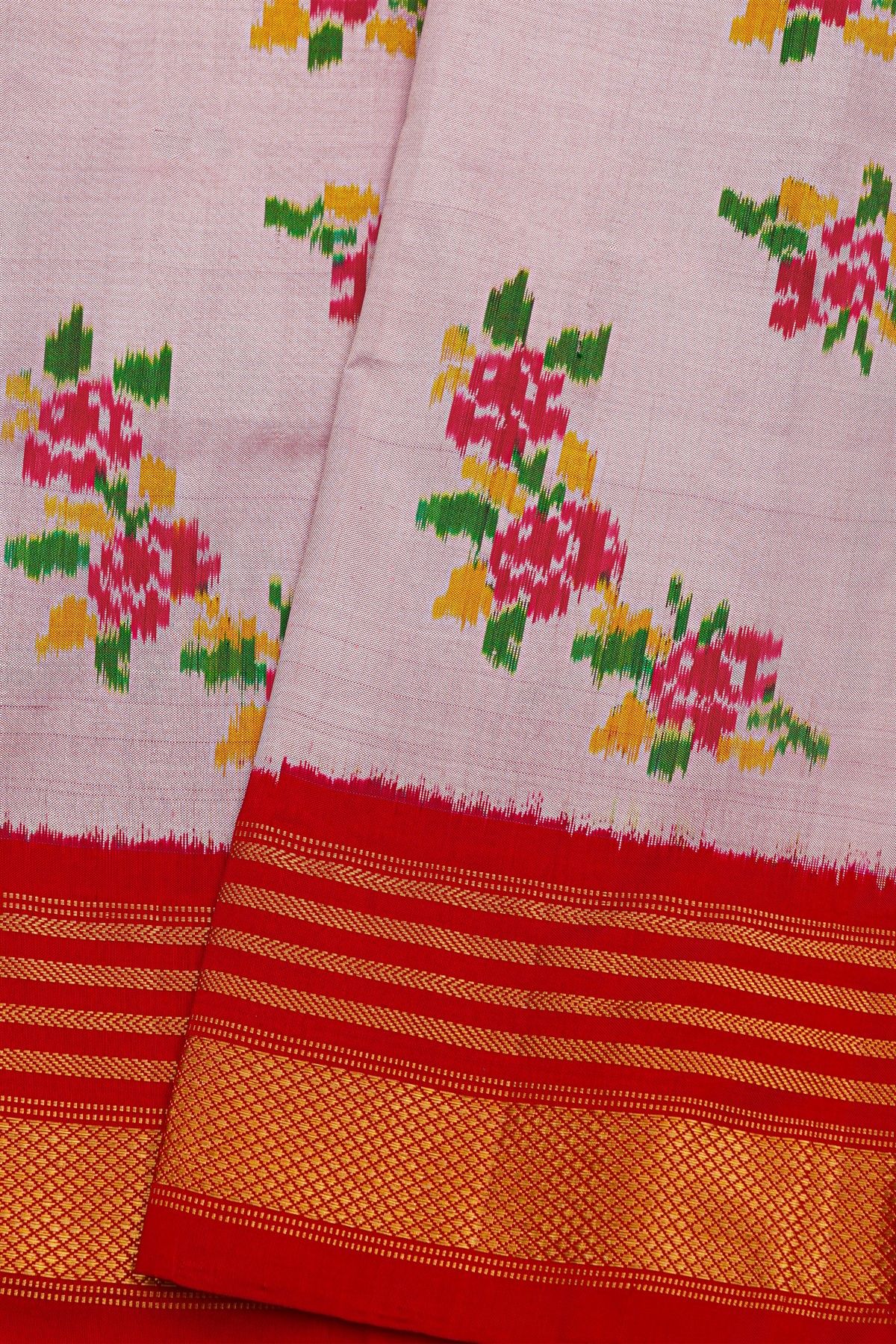 Ikat Silk Baby Pink Saree With Floral And Leaves Body