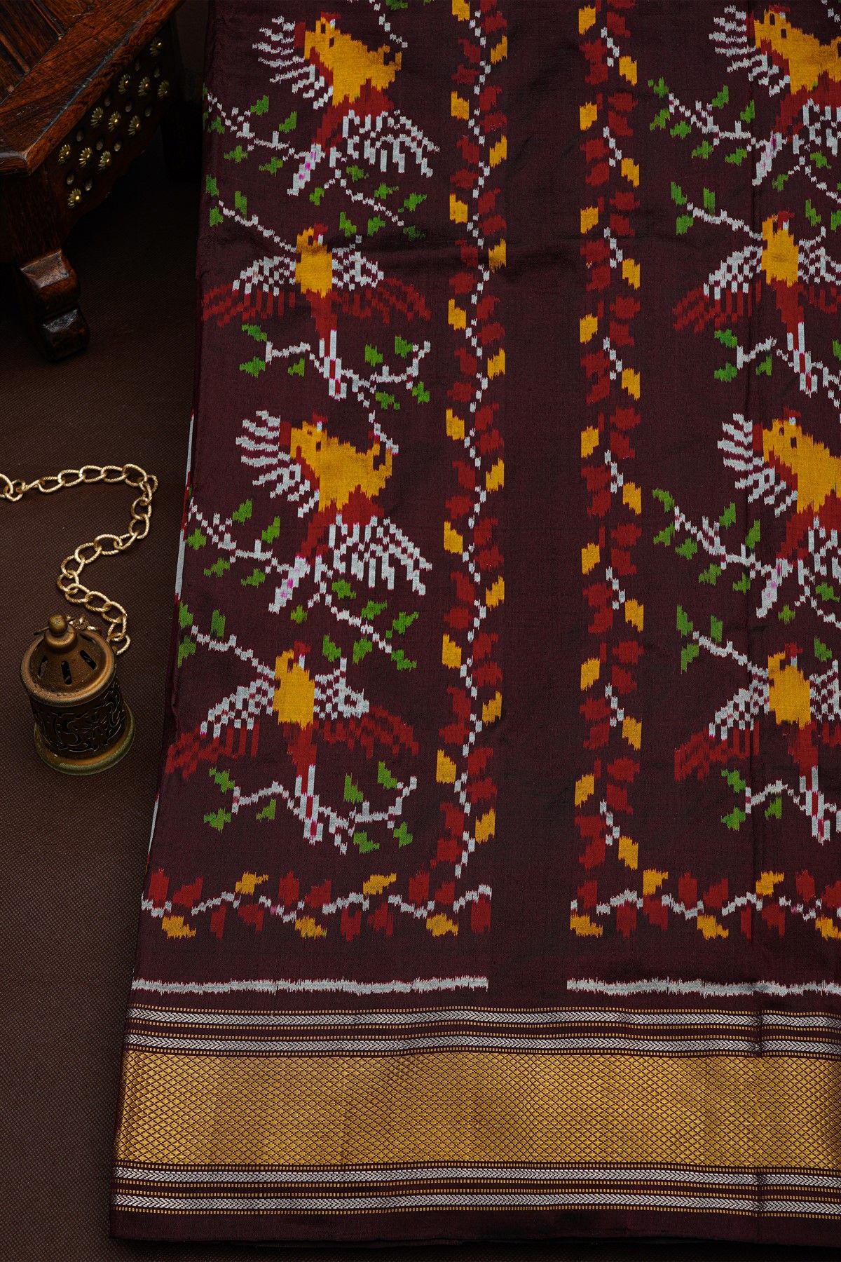 Ikat Silk Dark Maroon Saree With Floral And Leaves Body