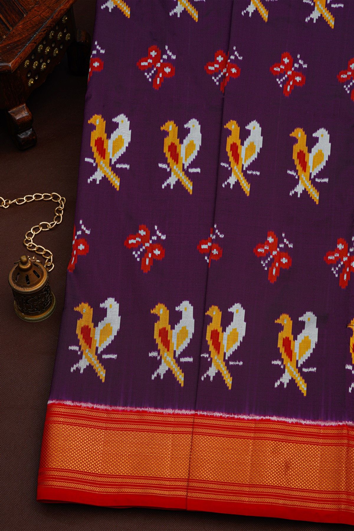 Ikat Silk Violet Saree With Birds Body And Contrast Zari Border