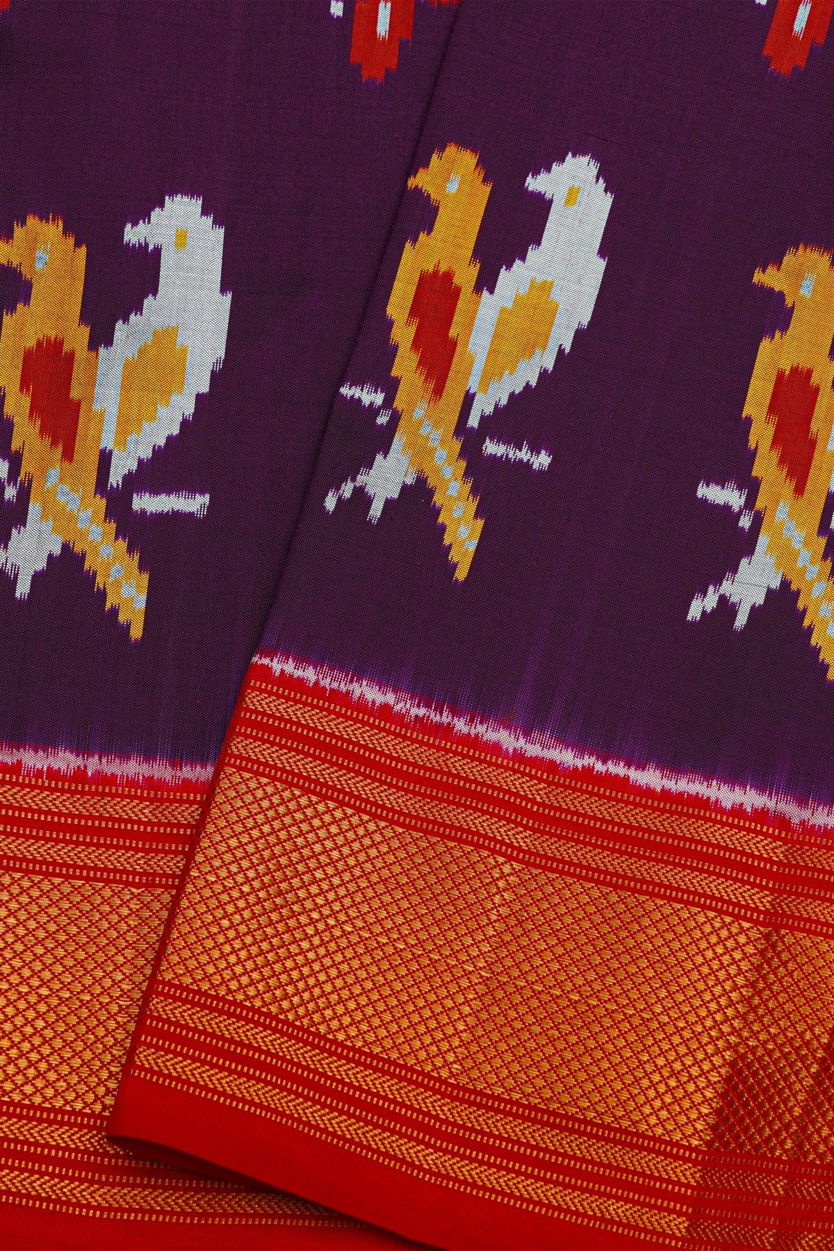 Ikat Silk Violet Saree With Birds Body And Contrast Zari Border