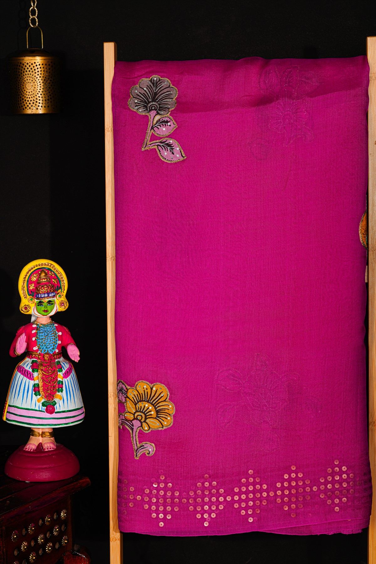 Fusion Silk Rani Pink Saree With Florals In Ikat Body