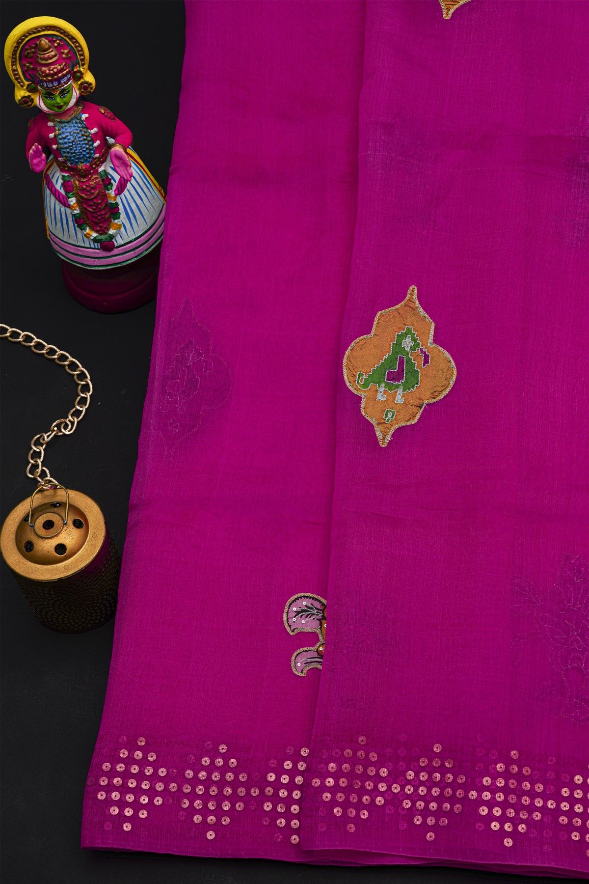 Fusion Silk Rani Pink Saree With Florals In Ikat Body