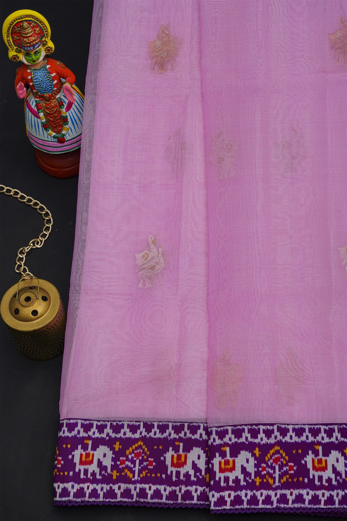 Fusion Silk Pink Saree With Florals And Elephants In Ikkat Border