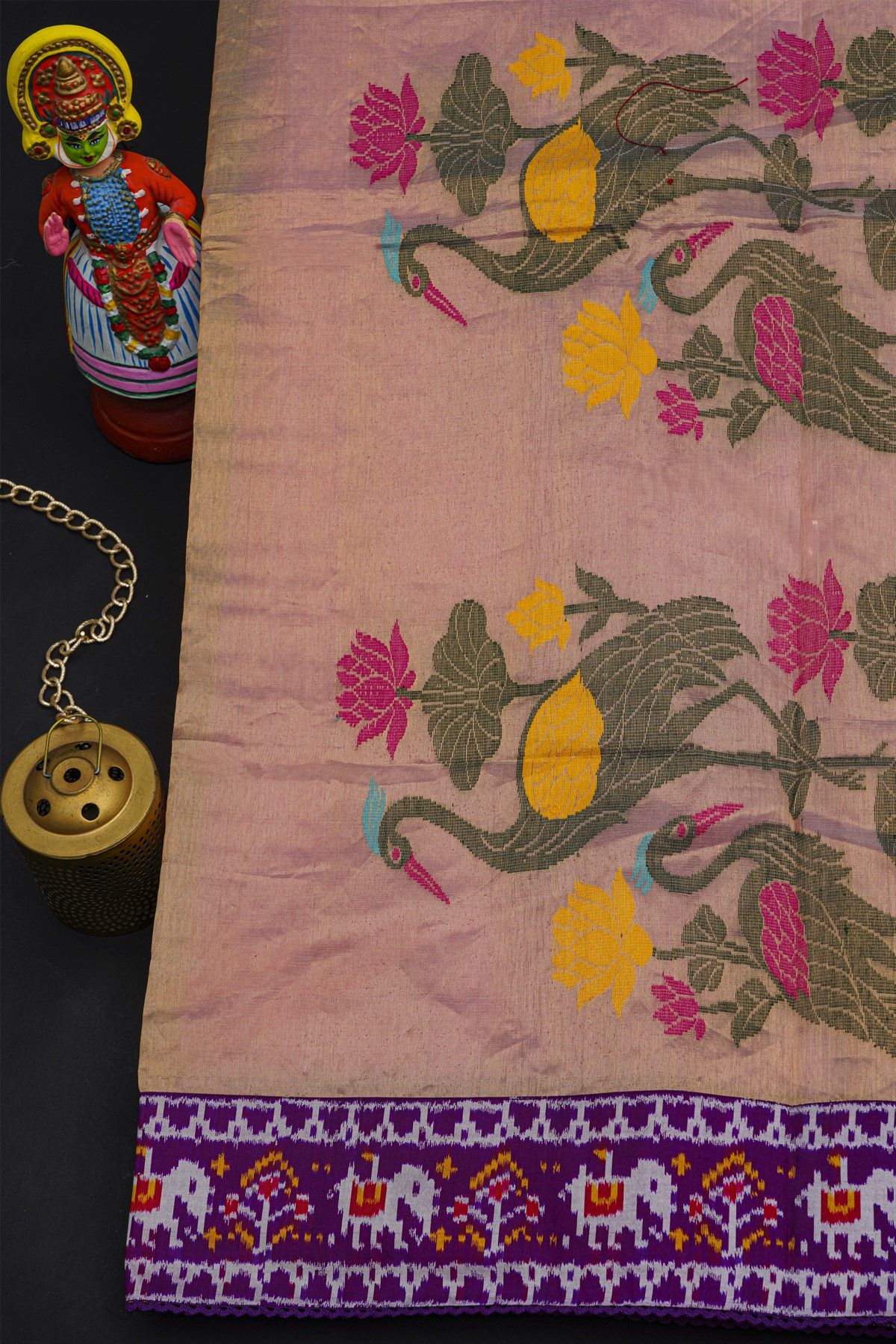 Fusion Silk Pink Saree With Florals And Elephants In Ikkat Border