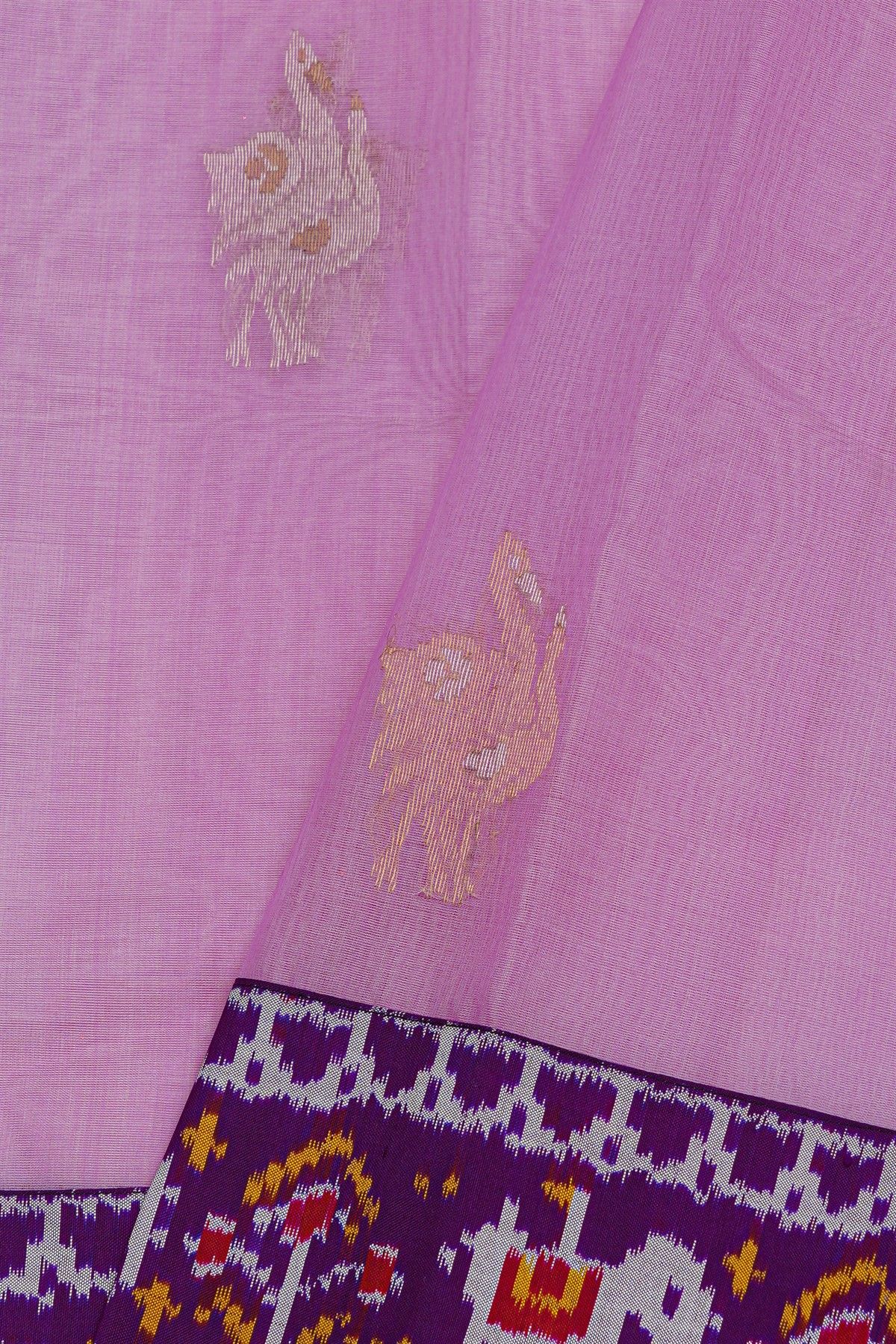 Fusion Silk Pink Saree With Florals And Elephants In Ikkat Border