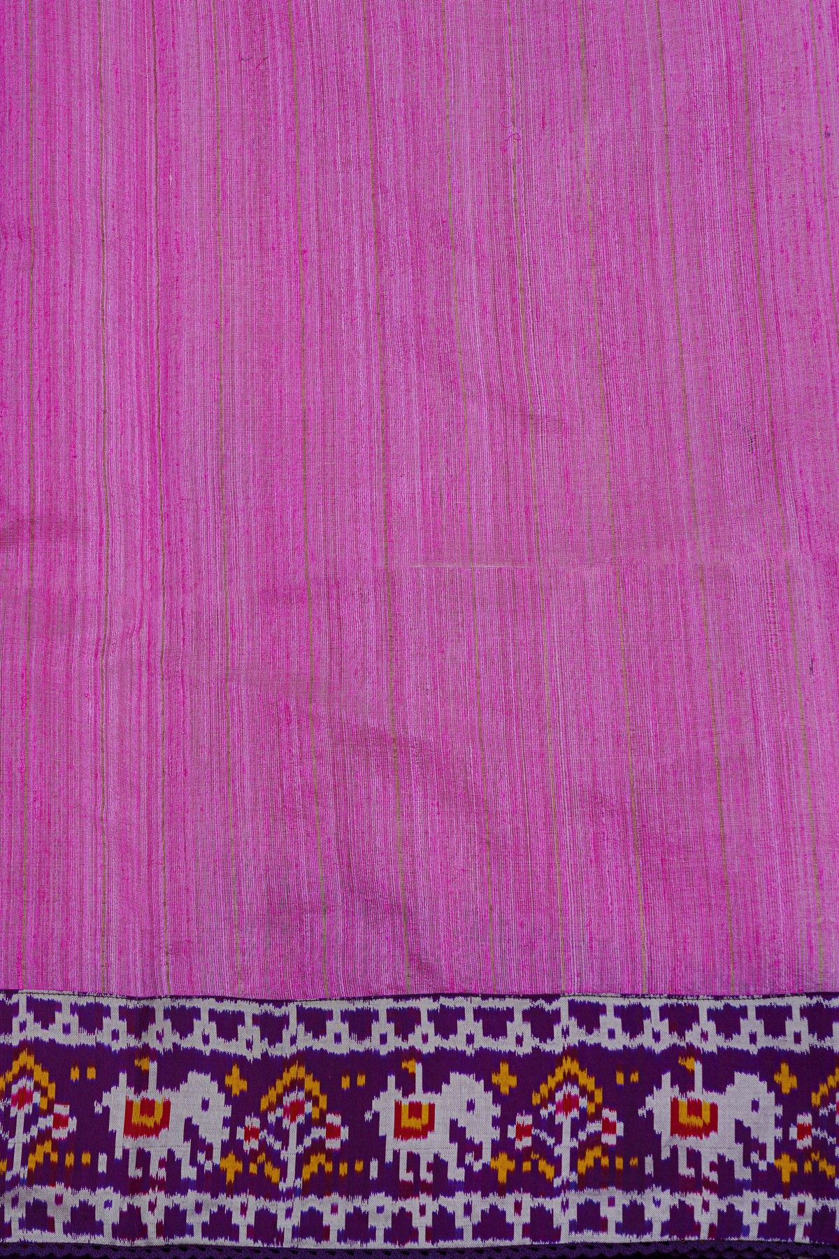 Fusion Silk Pink Saree With Florals And Elephants In Ikkat Border