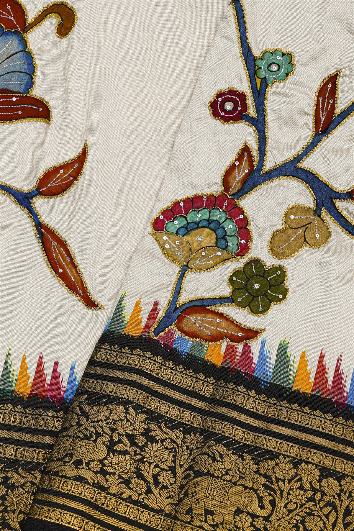 Fusion Silk Off White Saree With Floral And Leaf Patchwork Body