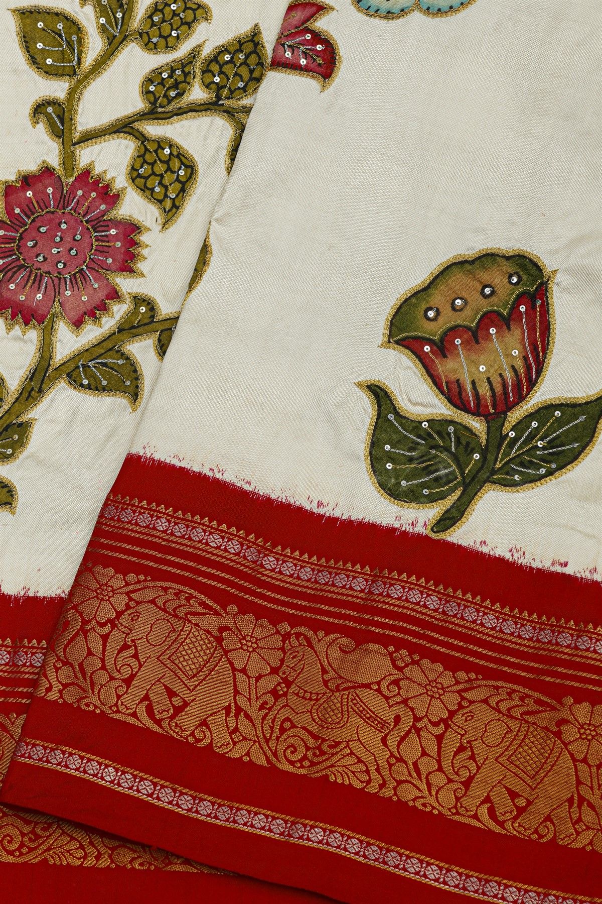 Fusion Silk Off White Saree With Florals Patch Work Body