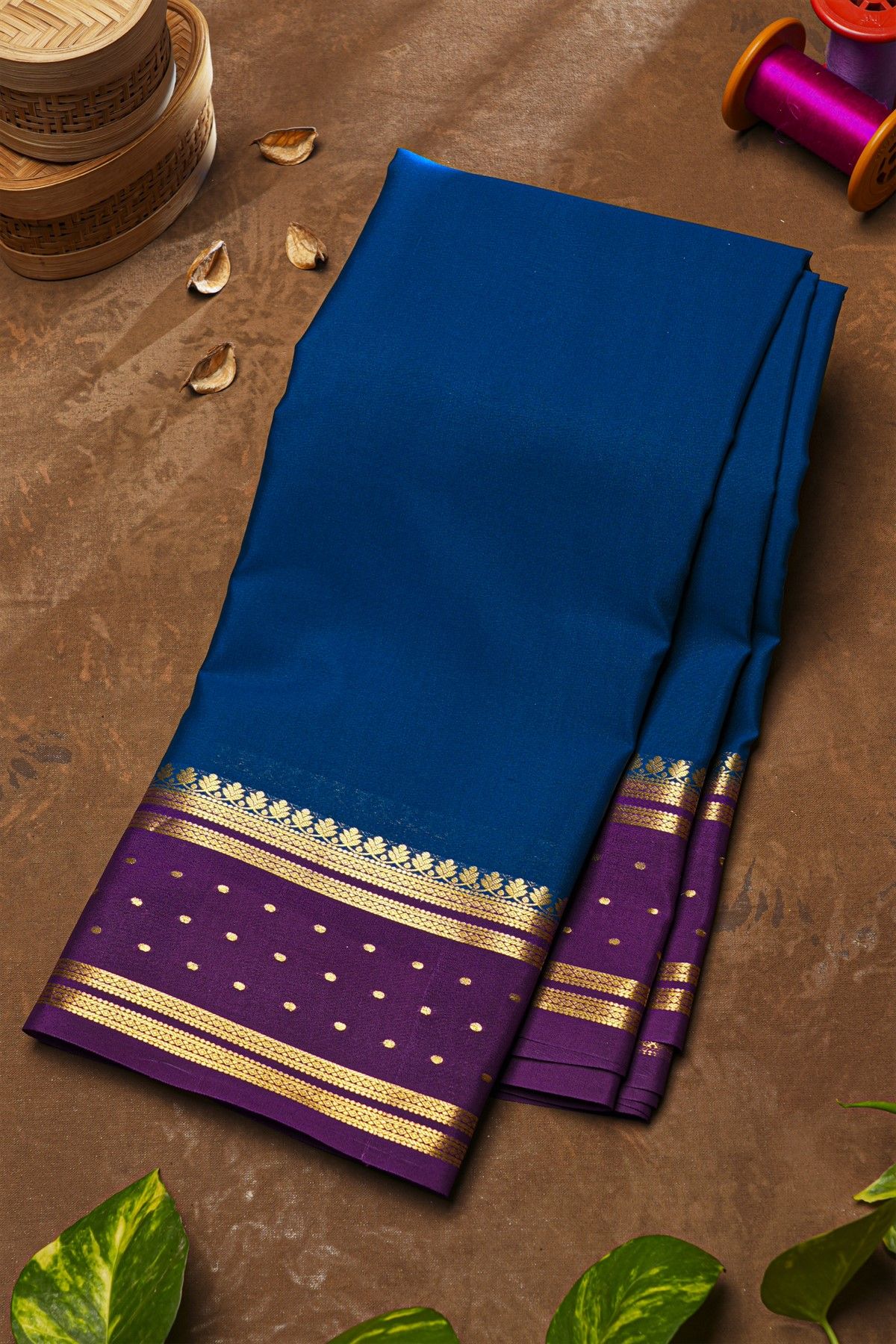 Mysore Crepe Royal Blue Saree With Florals Buttis Border
