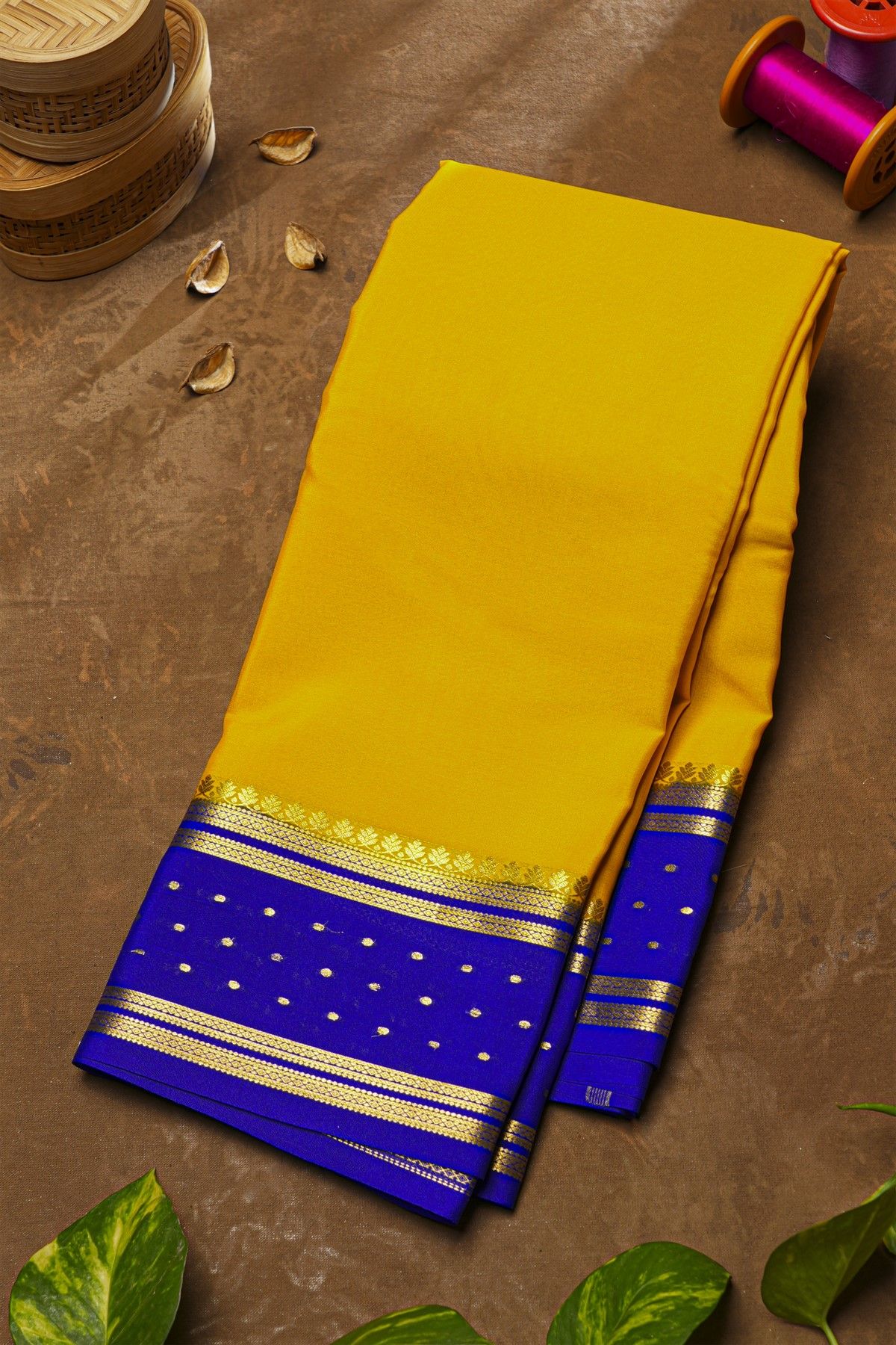 Mysore Silk Mustard Yellow Saree With Buttis Border