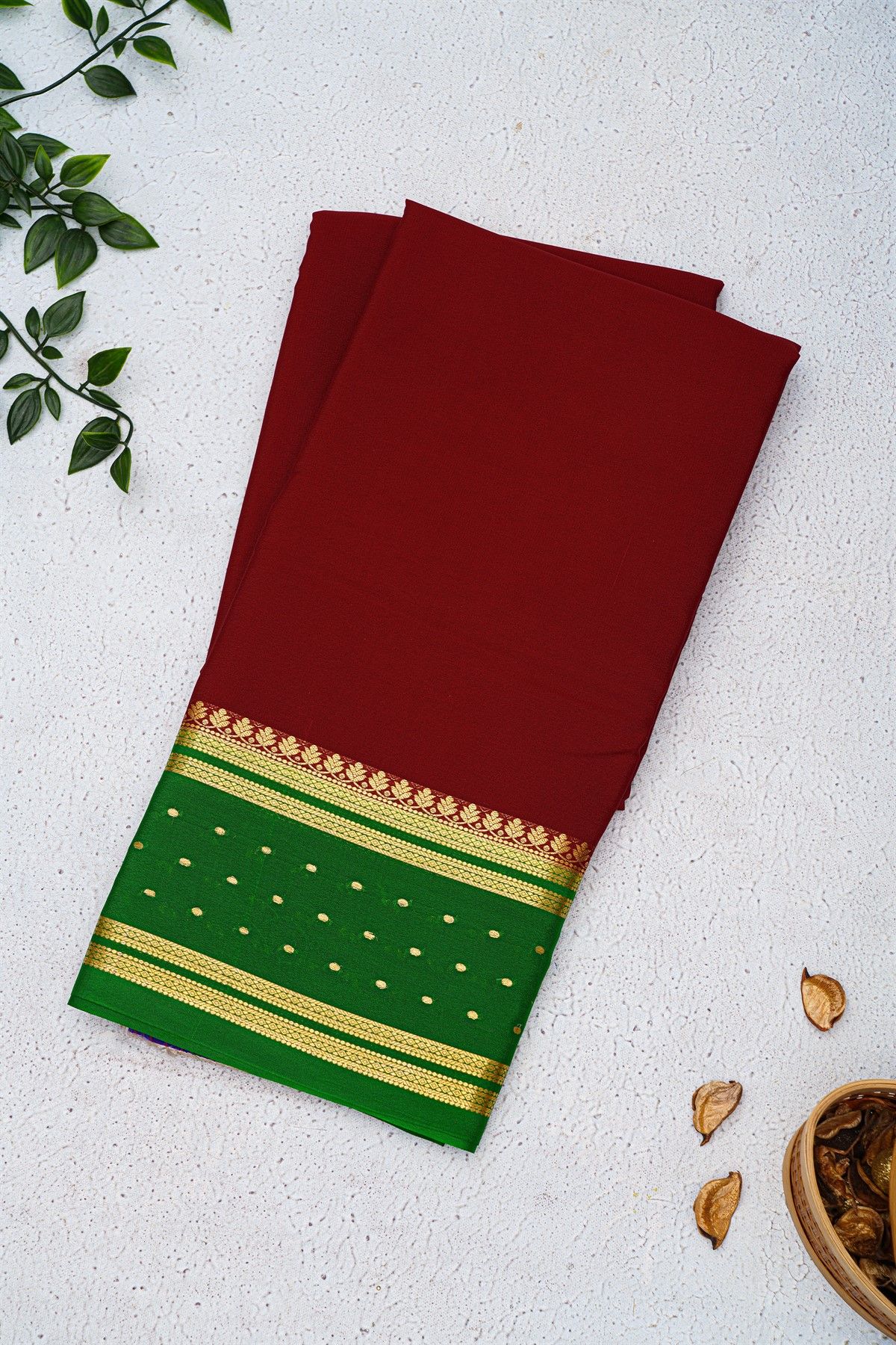 Mysore Crepe Maroon Saree With Florals And Buttis Border
