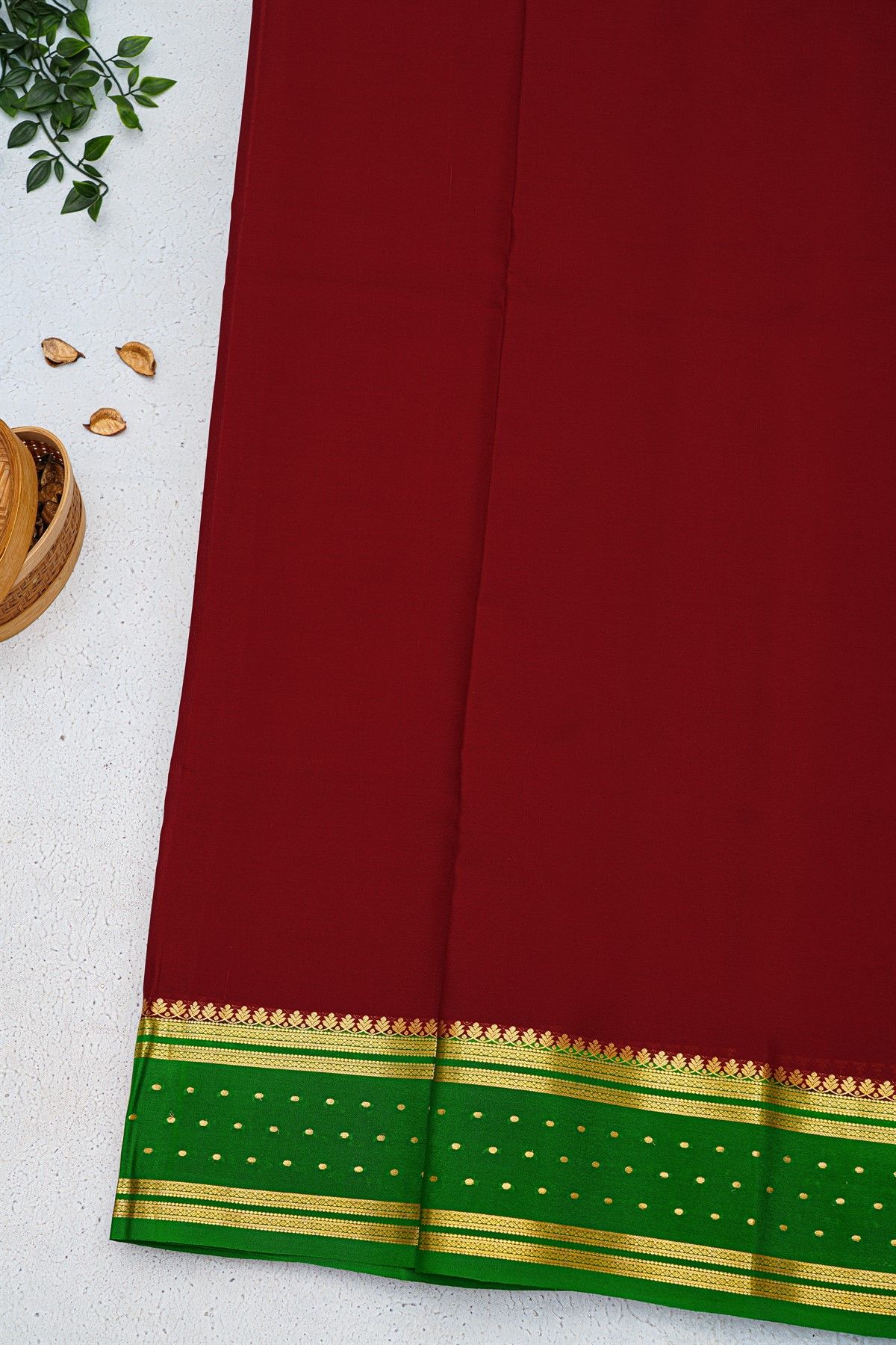 Mysore Crepe Maroon Saree With Florals And Buttis Border