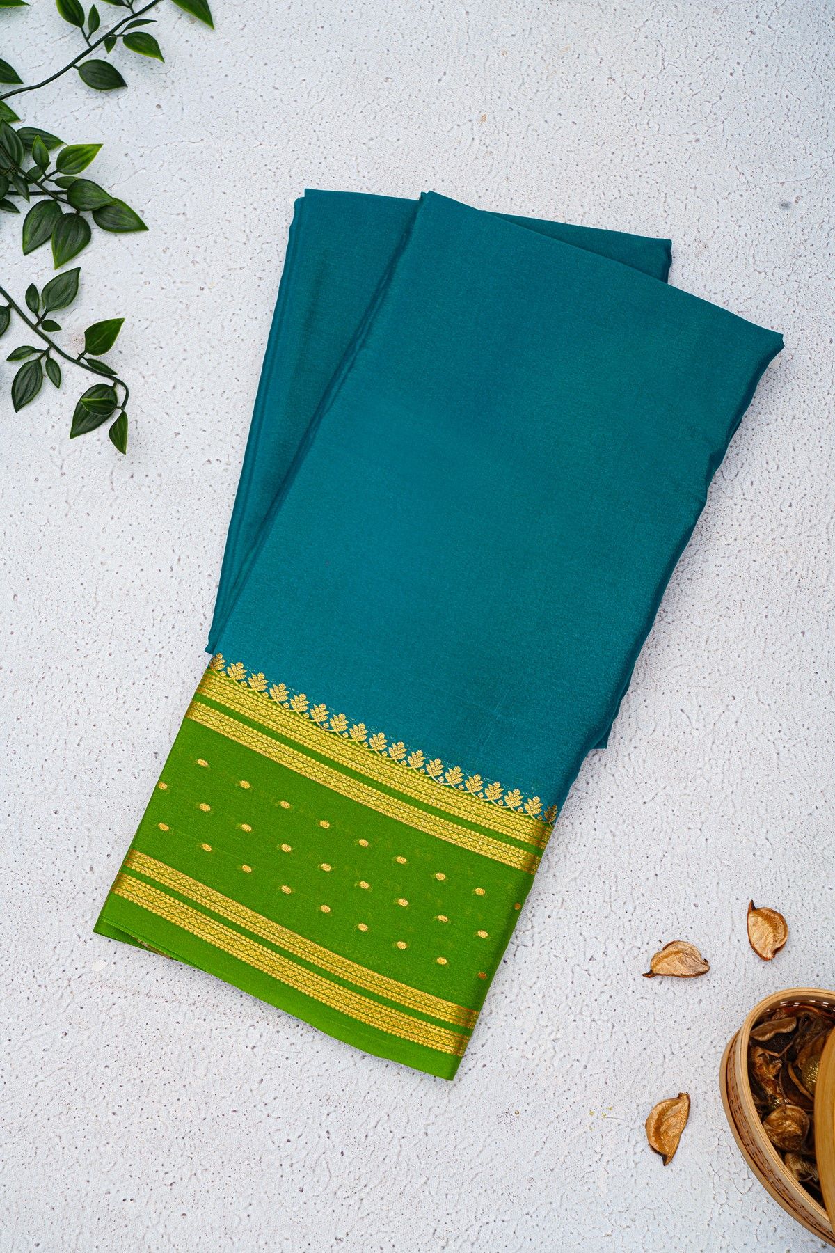Mysore Crepe Teal Blue Saree With Florals And Buttis Border