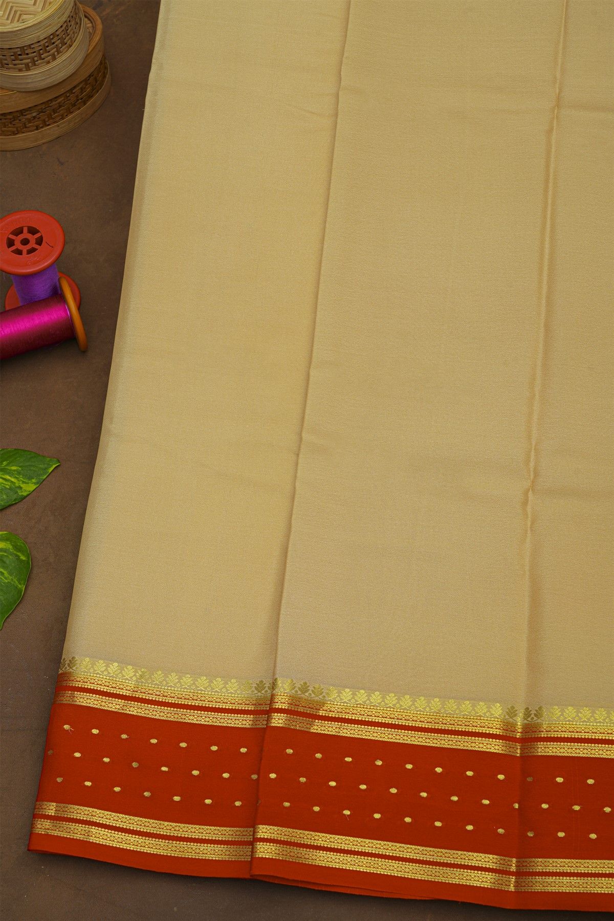 Mysore Crepe Light Brown Saree With Buttis Border