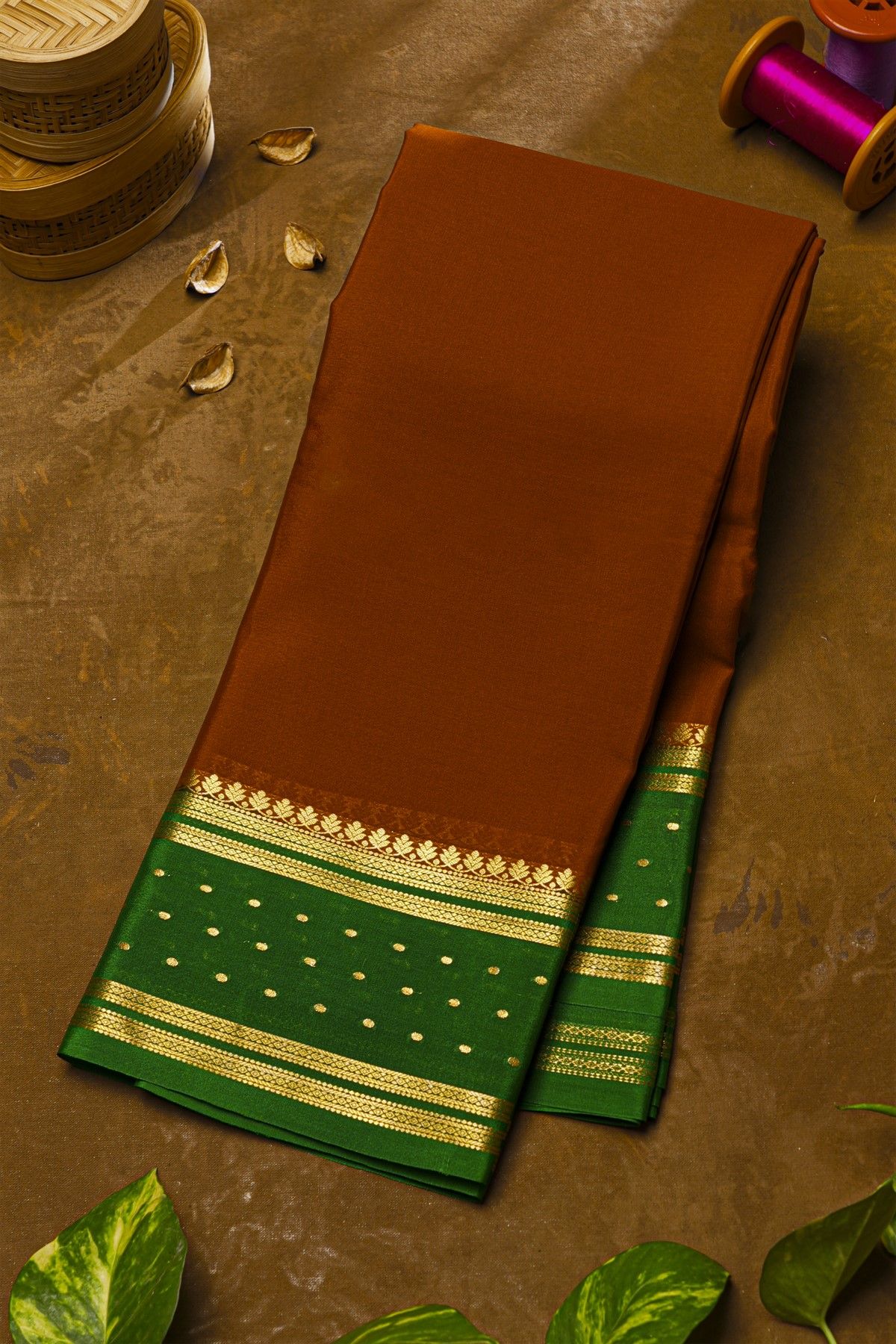 Mysore Crepe Rust Orange Saree With Bottle Green Gold Zari Border