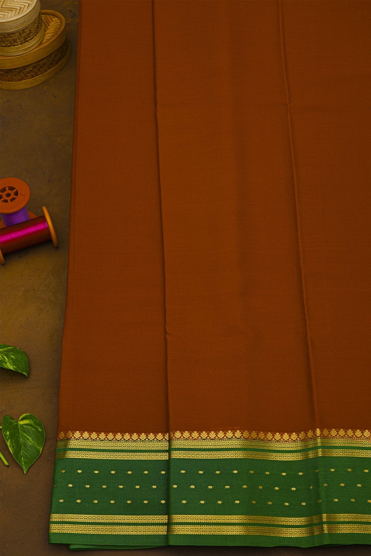 Mysore Crepe Rust Orange Saree With Bottle Green Gold Zari Border