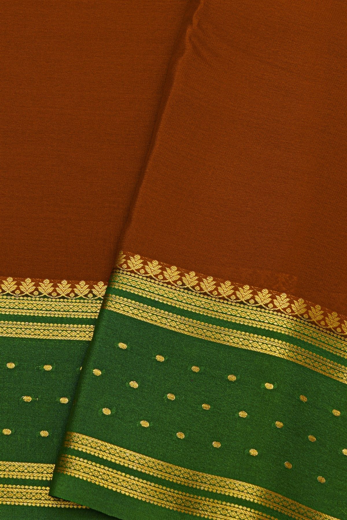 Mysore Crepe Rust Orange Saree With Bottle Green Gold Zari Border