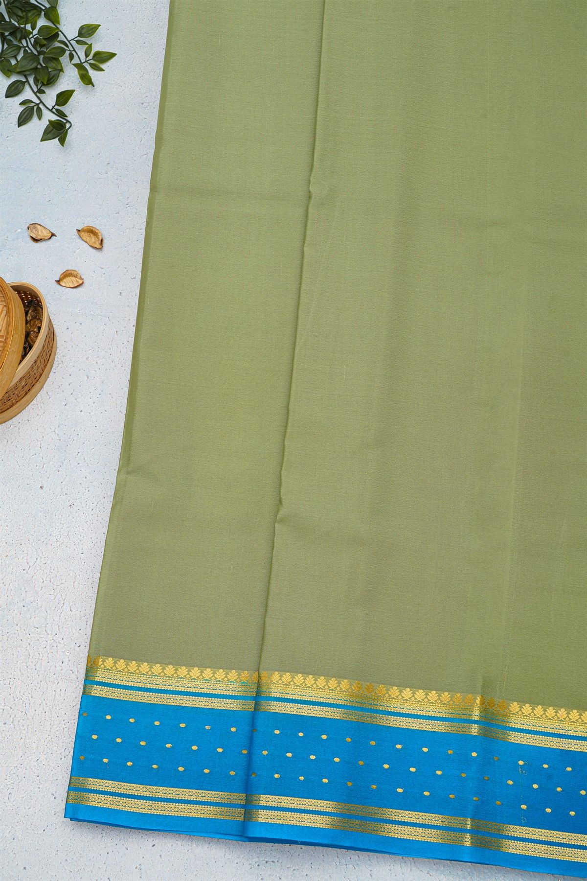 Mysore Crepe Sage Green Saree With Florals And Buttis Border